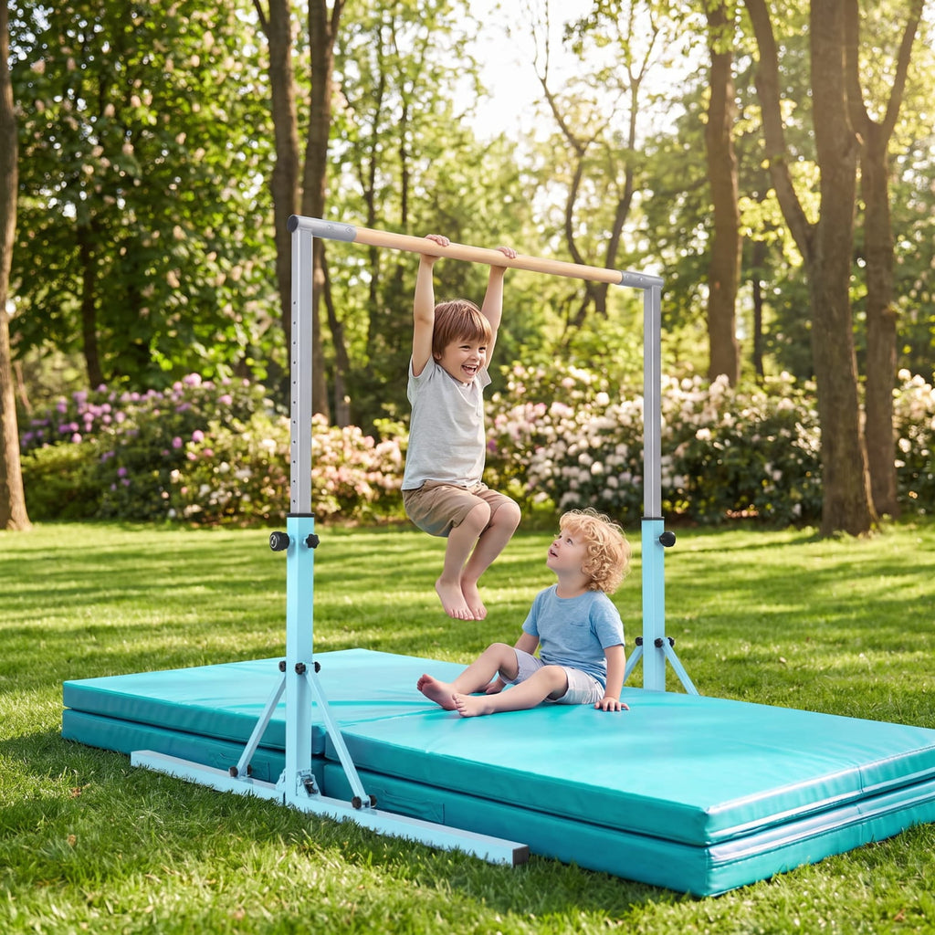 Airfind Foldable Gymnastics Bar for Kids with 3 Level Adjustable Height and Bamboo Grip Bar for Home Balance and Coordination Training, Green