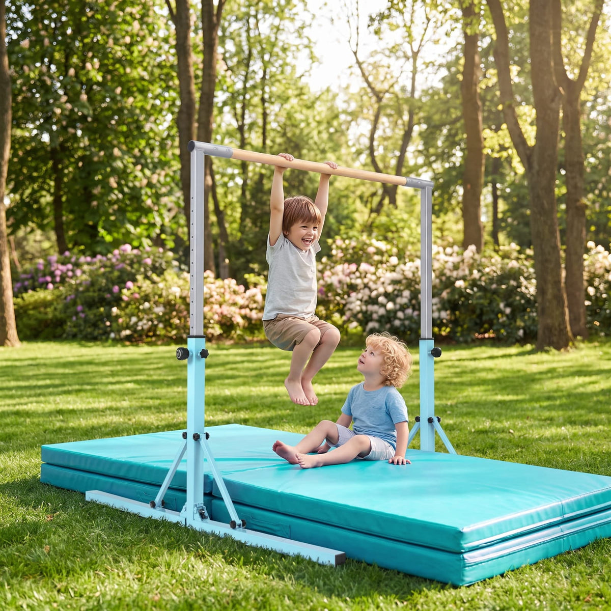 Airfind Foldable Gymnastics Bar for Kids with 3 Level Adjustable Height and Bamboo Grip Bar for Home Balance and Coordination Training, Green