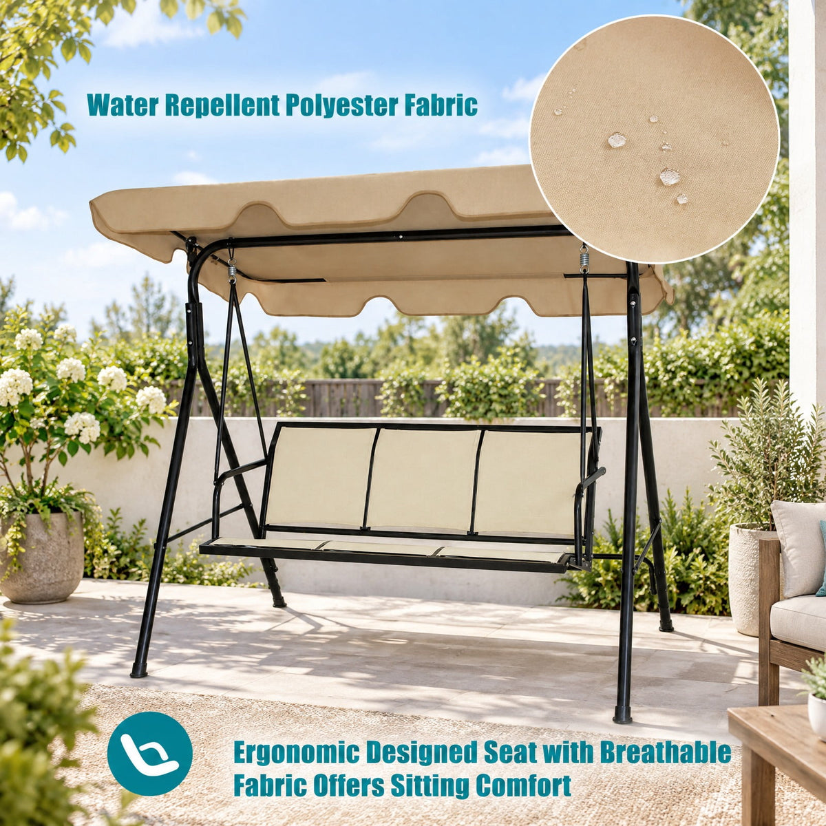 Airfind 3 Person Steel Frame Patio Swing with Polyester Angle and Adjustable Canopy, 550 lbs Capacity, Steel textile fiber polyester Frame, Brown