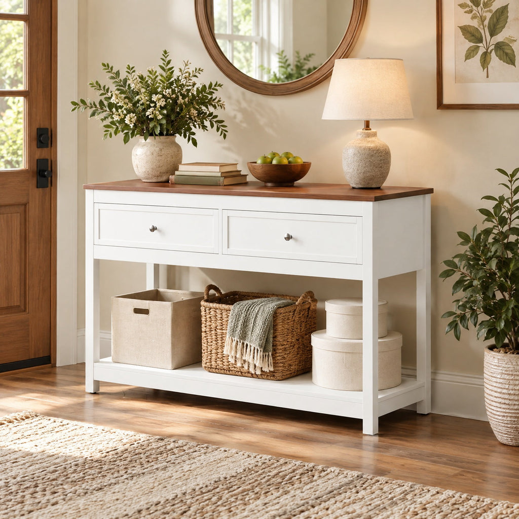 Airfind Farmhouse Console Table Entryway Sofa Table Featuring 2 Drawers and Open Storage Shelf for Living Room, 165 Lb Capacity, White