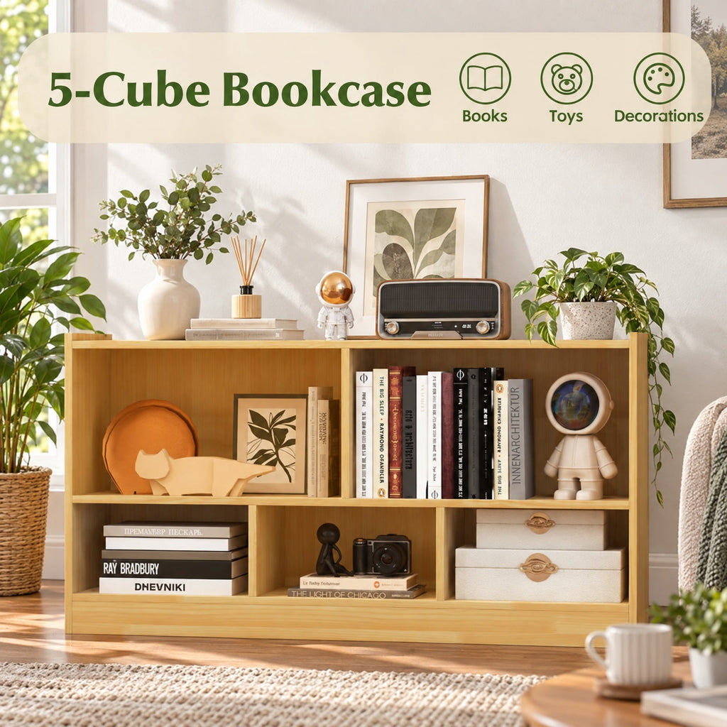 Airfind Kids 5-Cube Bookcase and Toy Storage Organizer, 2-Tier Low Shelf, 44 Inches Wide, for Playroom and Bedroom, Beige