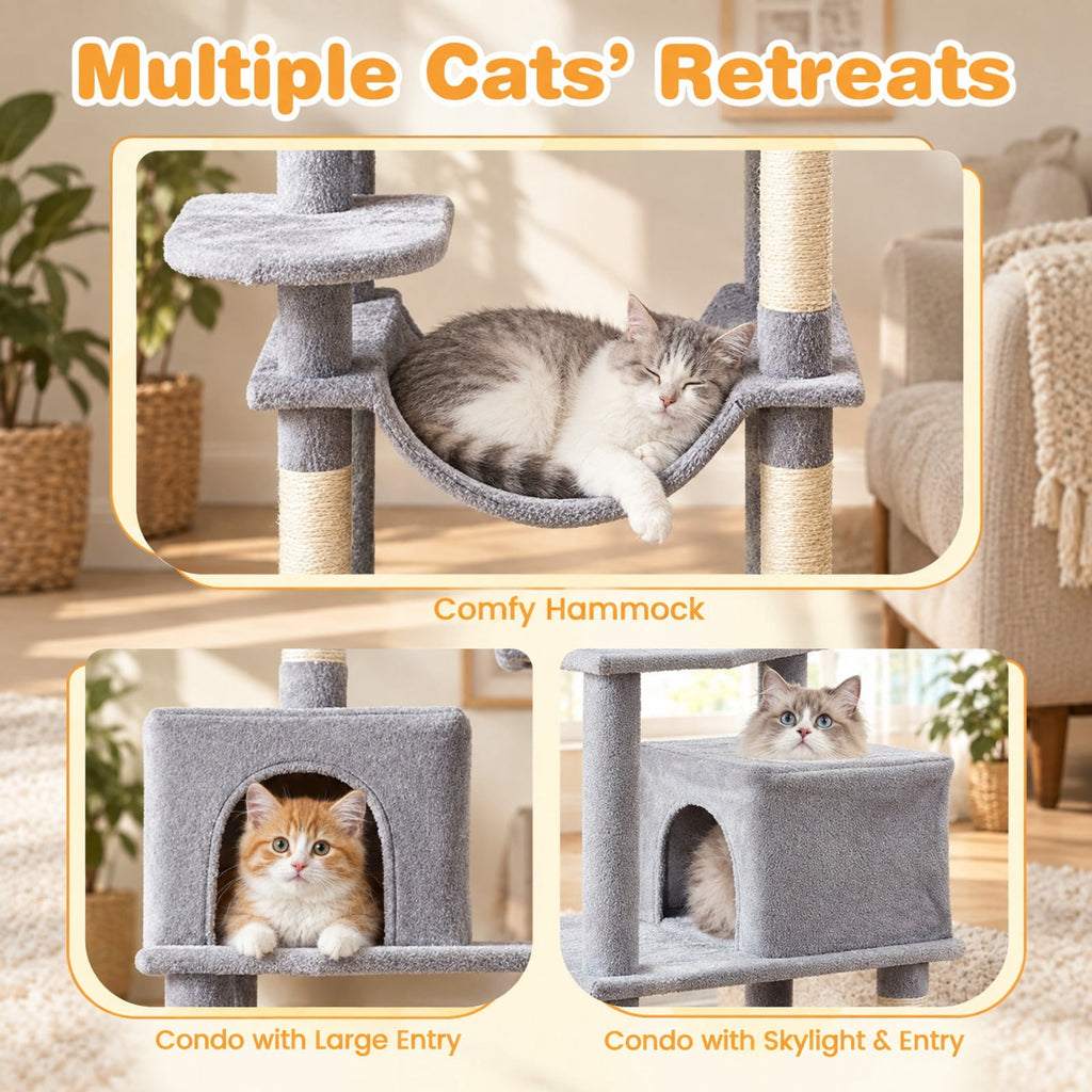 Airfind Multi-level Cat Tree Modern Cat Tower with Upholstered Perch and 2 Cat Condo, 24 x 18.5 Footprint, Gray