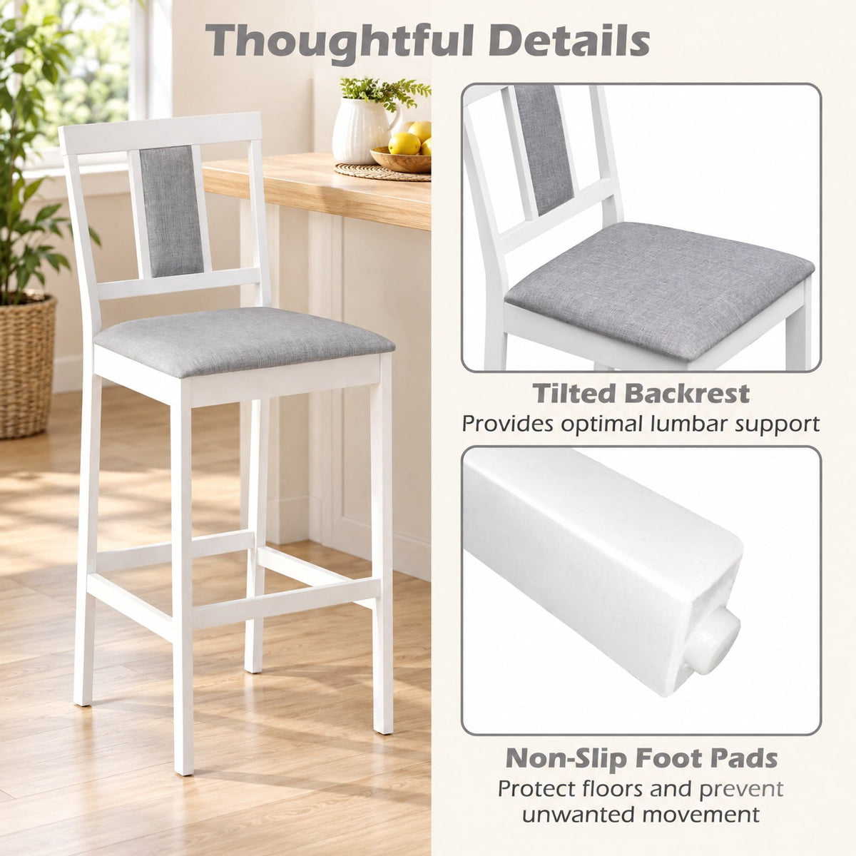 Airfind Set of 2 Upholstered Barstool 29.5 Inch Bar Height with Solid Rubber Wood Frame, 300 lbs Capacity, White