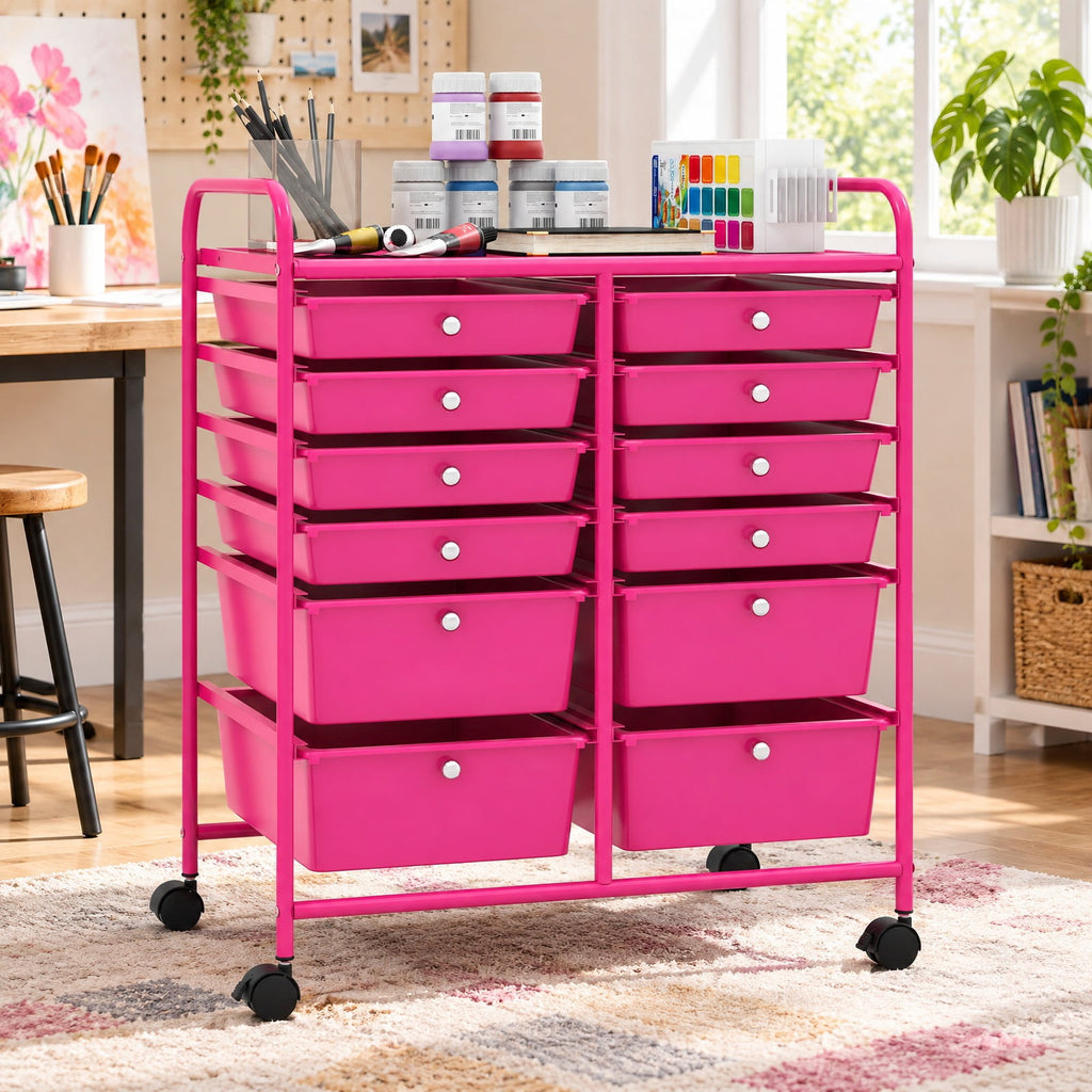 Airfind 12, Drawer Rolling Storage Cart with Removable Drawers and Lockable Wheels, Rose Red, Heavy, duty metal frame ensures excellent stability