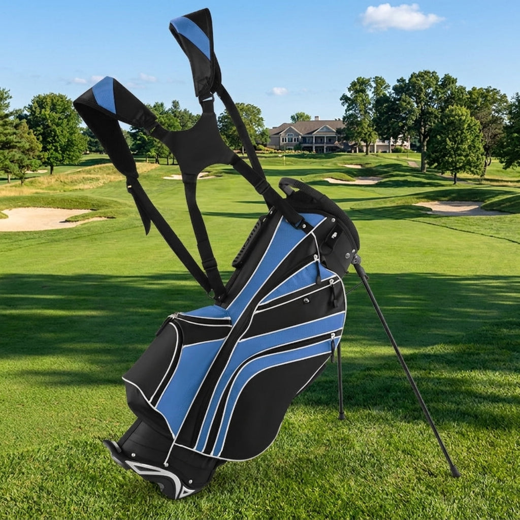 Airfind 10.5 in Golf Stand Bag with 14-Way Dividers and 7 Zippered Pockets featuring a rain hood with towel rings and dual carry straps for walking rounds, Navy
