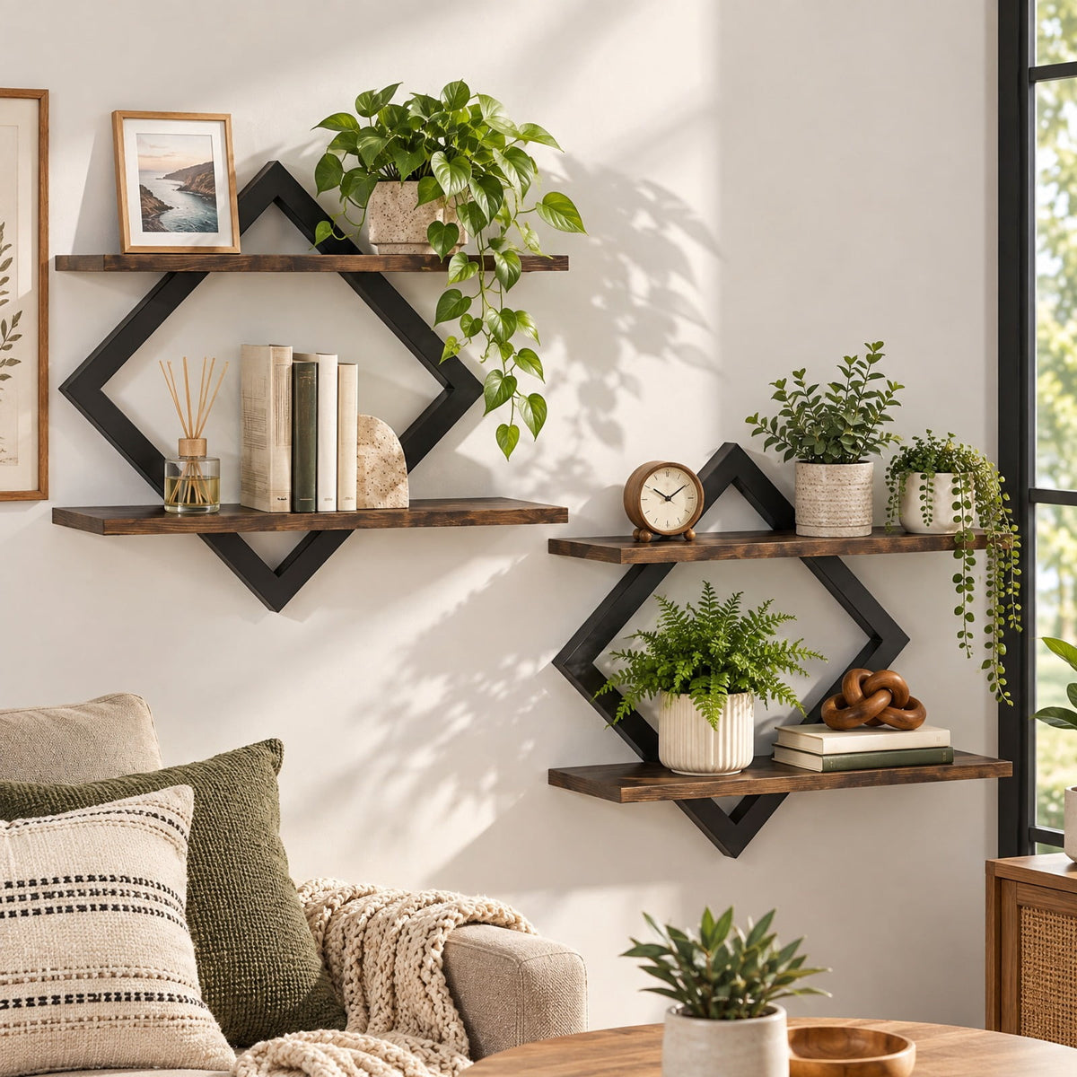 Airfind Set of 2 Metal Floating Shelves for Wall featuring Geometric Frame, Engineered Wood Metal Frame, 15 Inch x 6.5 Inch x 14 Inch Footprint, Brown