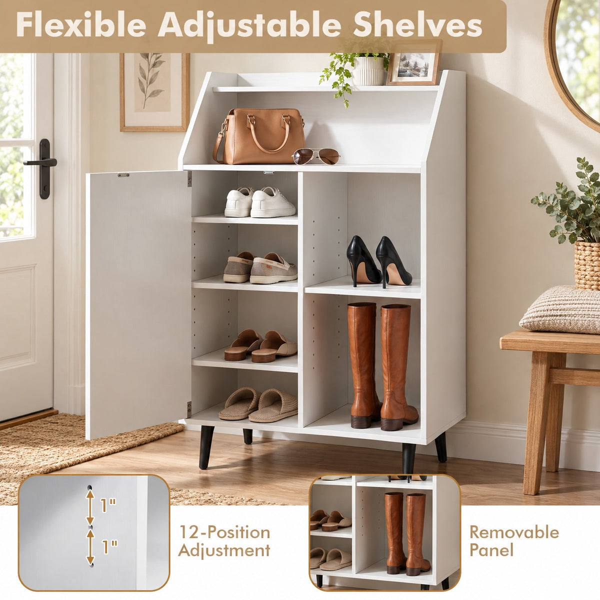 Airfind Shoe Storage Cabinet with 2-Tier Open Compartment and 4-Tier Adjustable Shelf, 44 lbs Capacity, Engineered Wood Frame, White