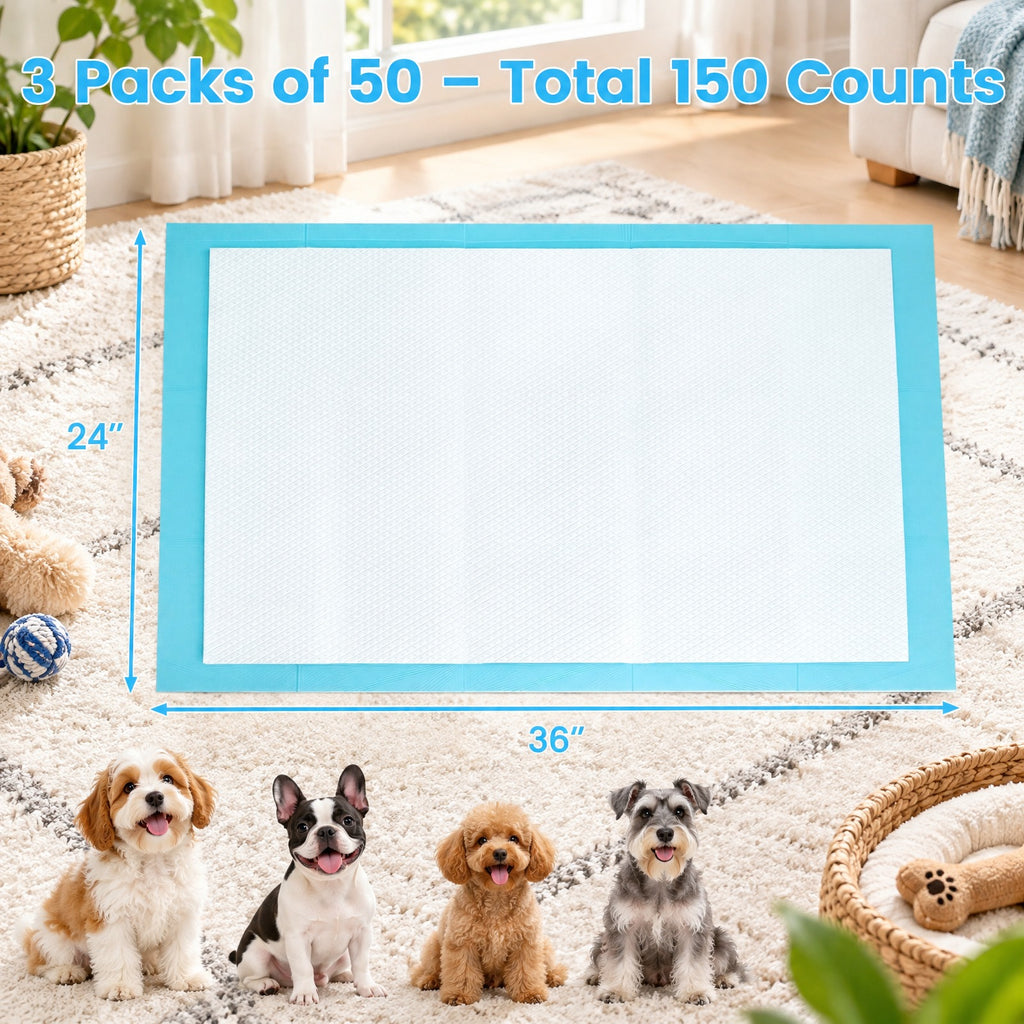 Airfind 150 Pieces 24 x 36 Inch Pet Wee Pee Piddle Pad, Non-woven Fabric Fluffy Pulp PE Film Absorbent Tissue S Pee Frame, Blue+White