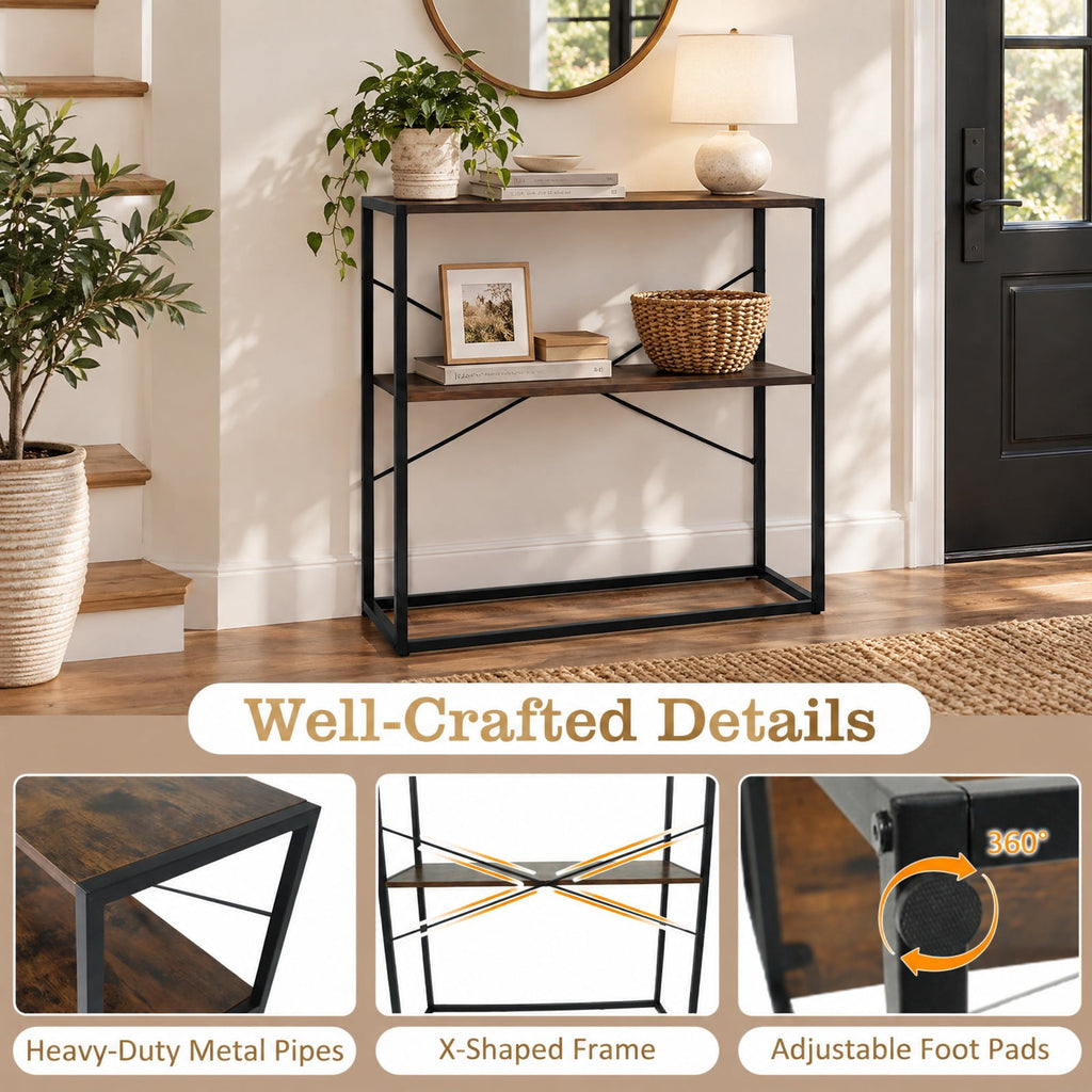 Airfind 36 Console Table 2-Tier Entryway Table with Wooden Open Shelves and Metal Frame, 66 lbs Capacity, Engineered Wood Metal Frame, Brown
