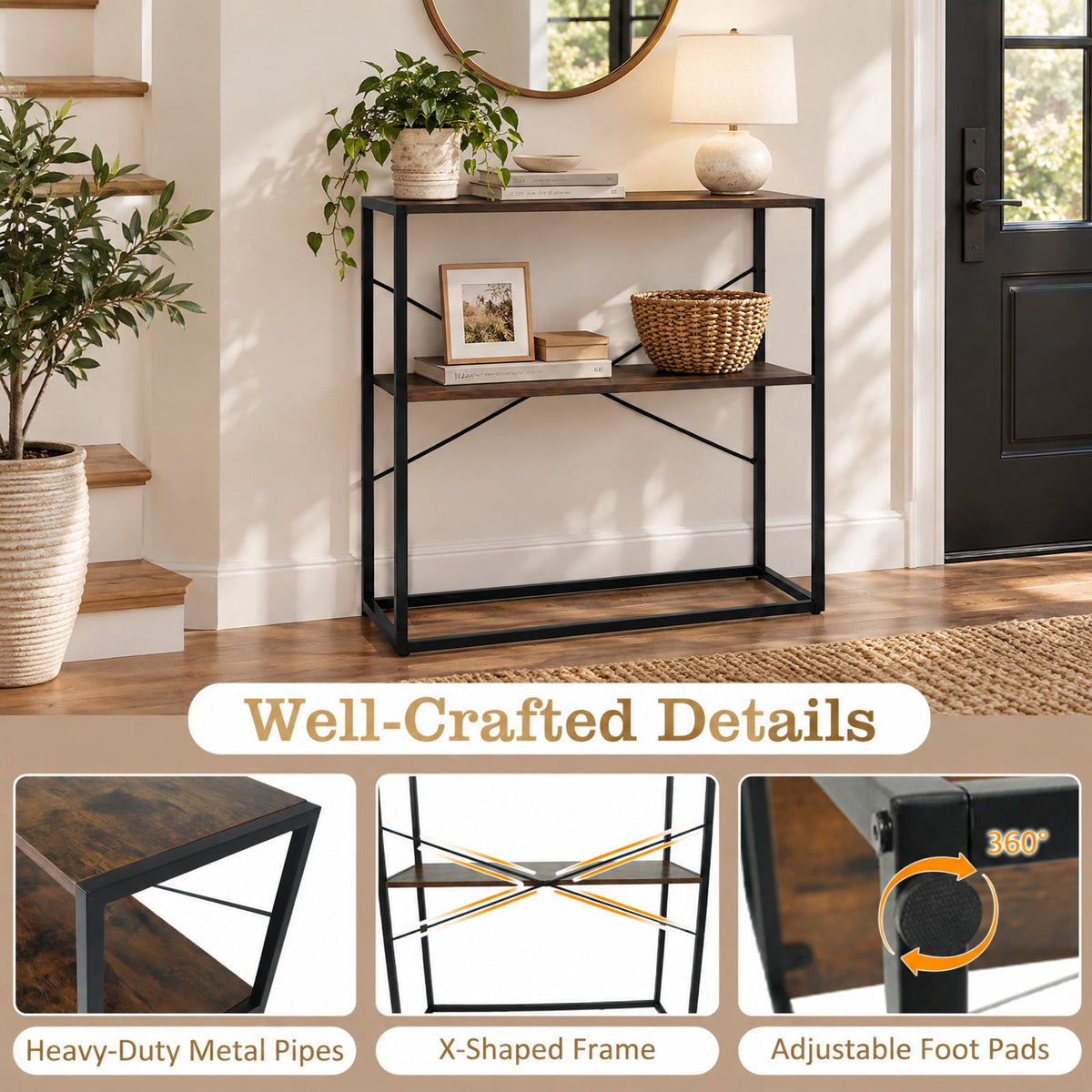 Airfind 36 Console Table 2-Tier Entryway Table with Wooden Open Shelves and Metal Frame, 66 lbs Capacity, Engineered Wood Metal Frame, Brown