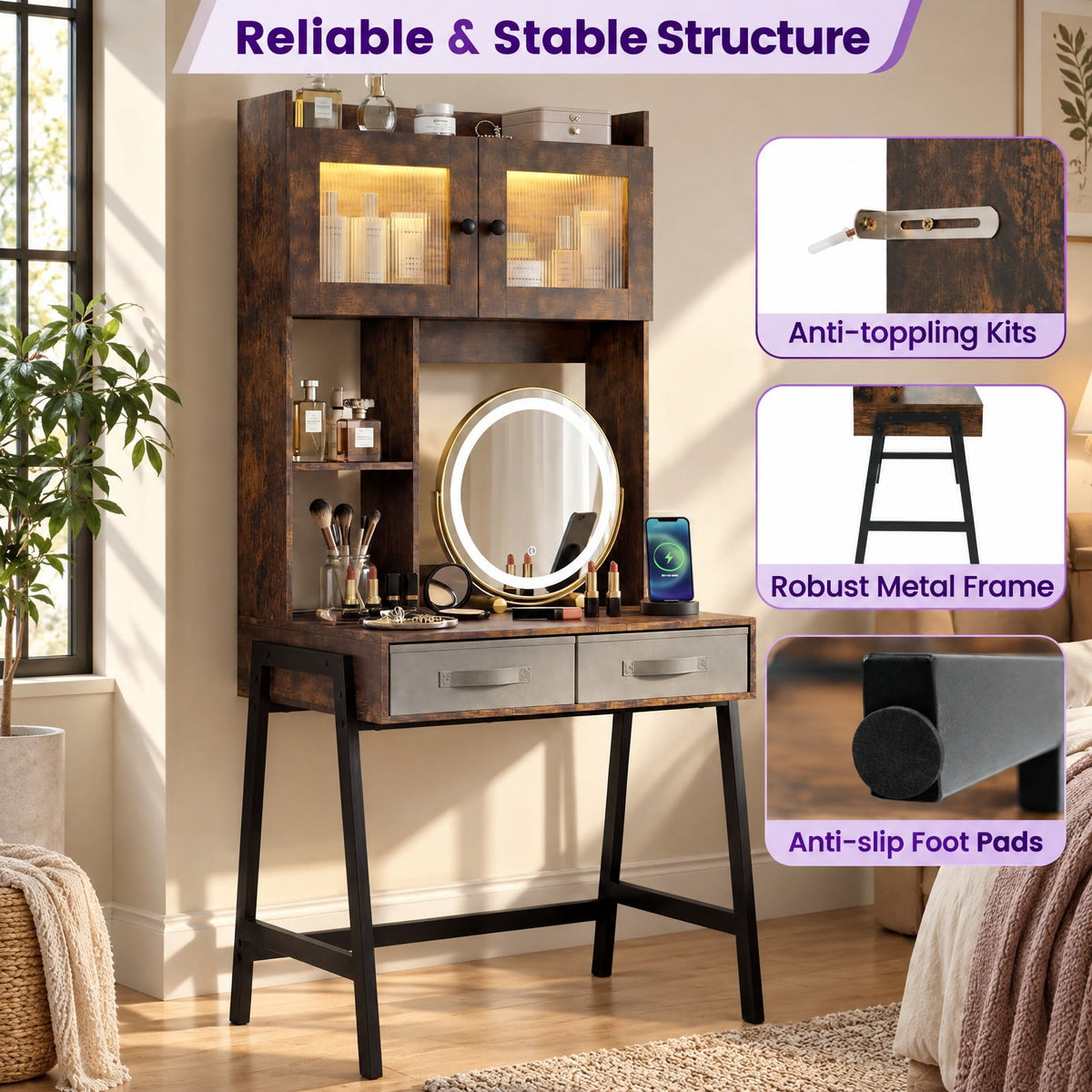 Airfind Vanity Desk with Rotatable Mirror and Lights Modern Dressing Table with 3 Light Colors, Engineered Wood Frame, 32.5 Inch x 21.5 Inch x 67 Inch Footprint