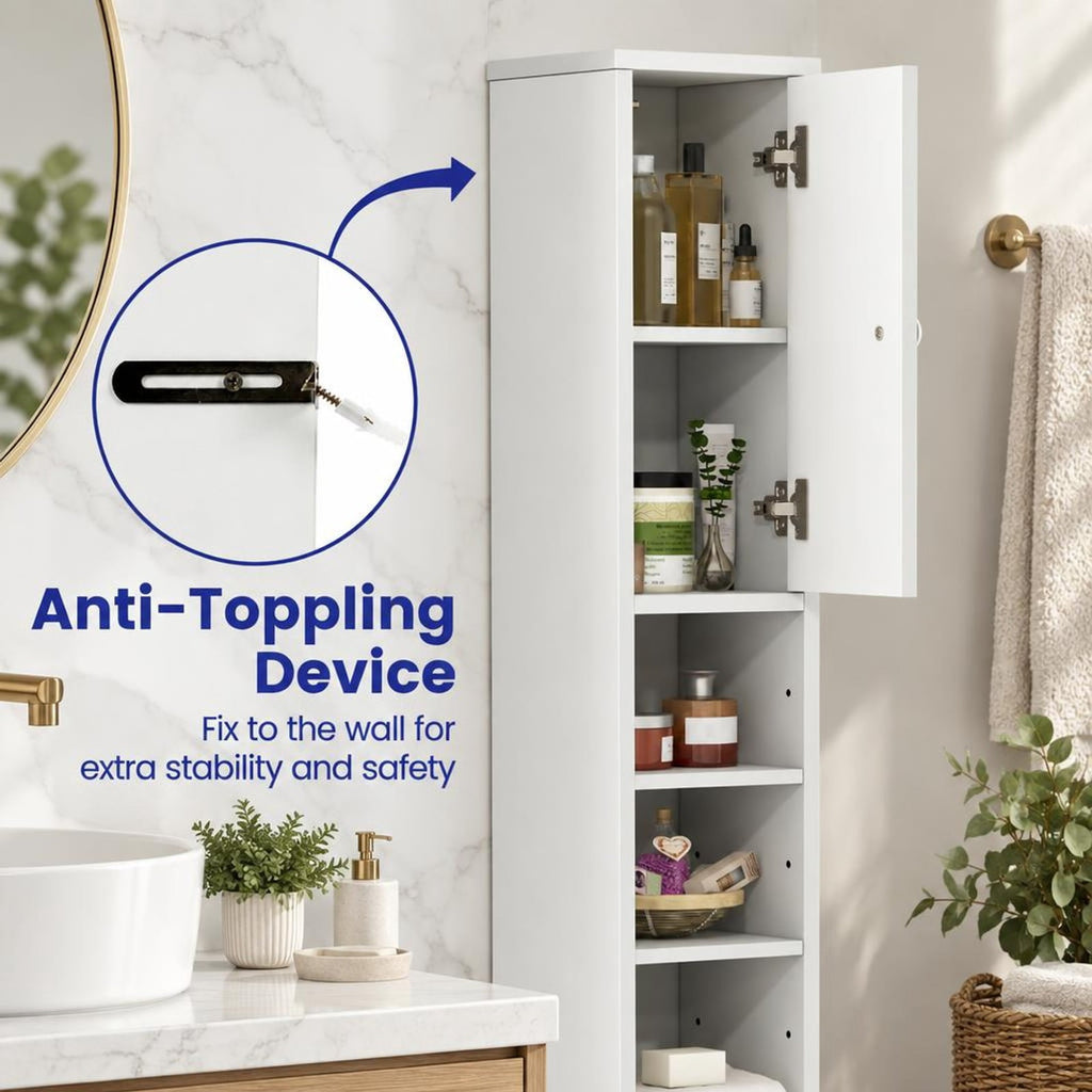 Airfind Freestanding Slim Bathroom Cabinet with Drawer and Adjustable Shelves, 110 lbs Capacity, MDF Frame, 8in x 8in x 71in Total Footprint, White