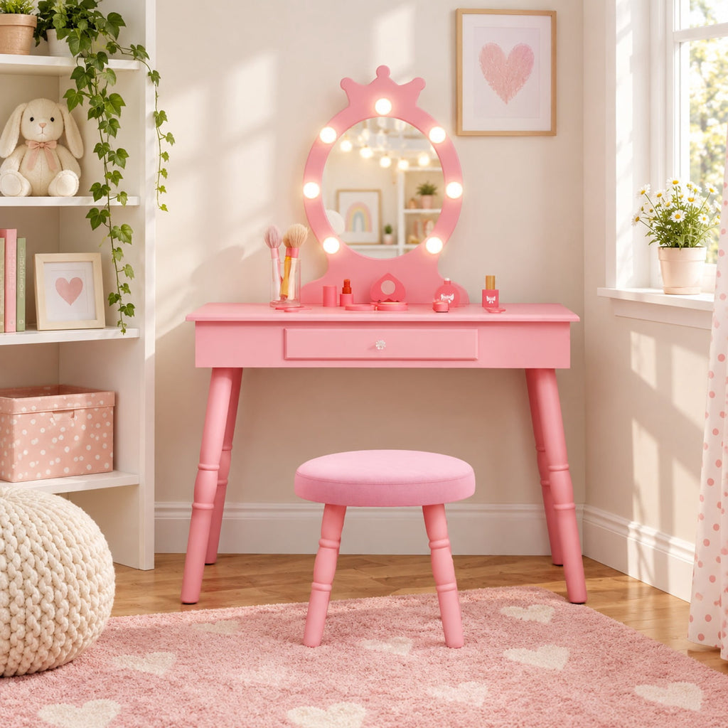 Airfind Kids Vanity Set with Lighted Mirror with Adjustable Brightness and Large Drawer, 110 lbs Capacity, MDF Frame, for 3-7 Years Old, Pink