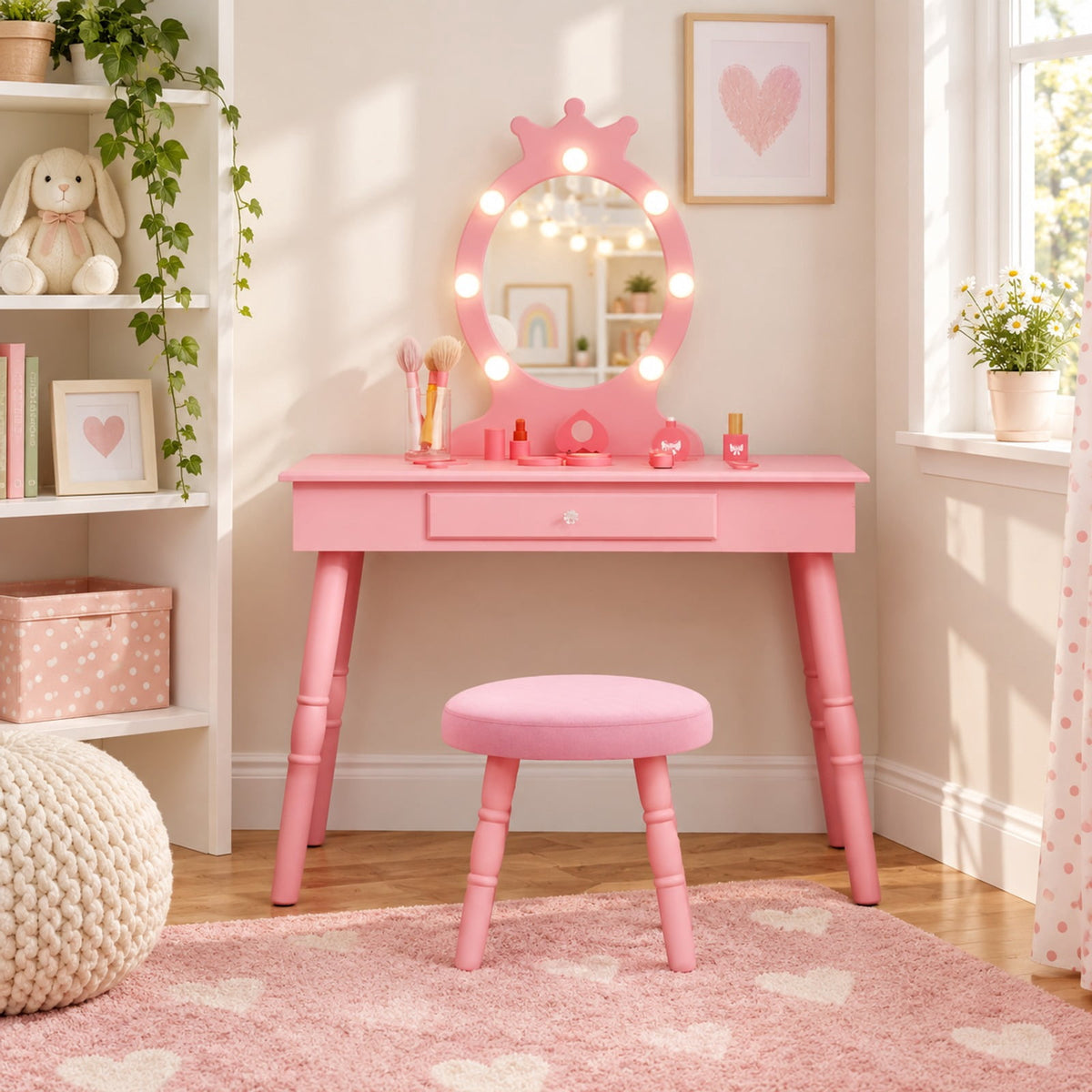 Airfind Kids Vanity Set with Lighted Mirror with Adjustable Brightness and Large Drawer, 110 lbs Capacity, MDF Frame, for 3-7 Years Old, Pink