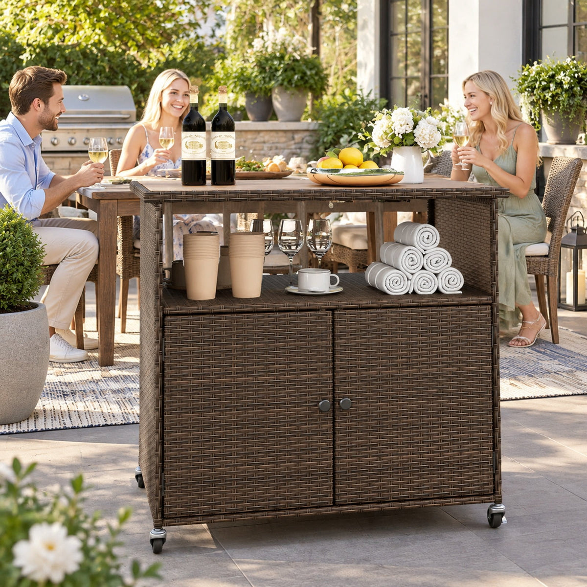 Airfind Outdoor Storage Cabinet with Acacia Wood Top and Lockable Wheels, 180 lbs Capacity, PE Rattan Acacia Wood Metal Frame, Black