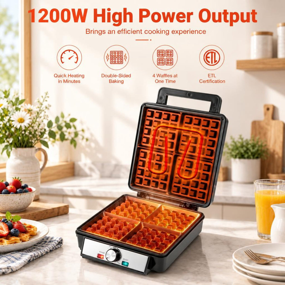 Airfind Belgian Waffle Maker 4-Slice 1200W with Browning Knob and Nonstick Plates-Black and Silver, Aluminum Frame, 12.5in x 9.5in x 4.5in Footprint