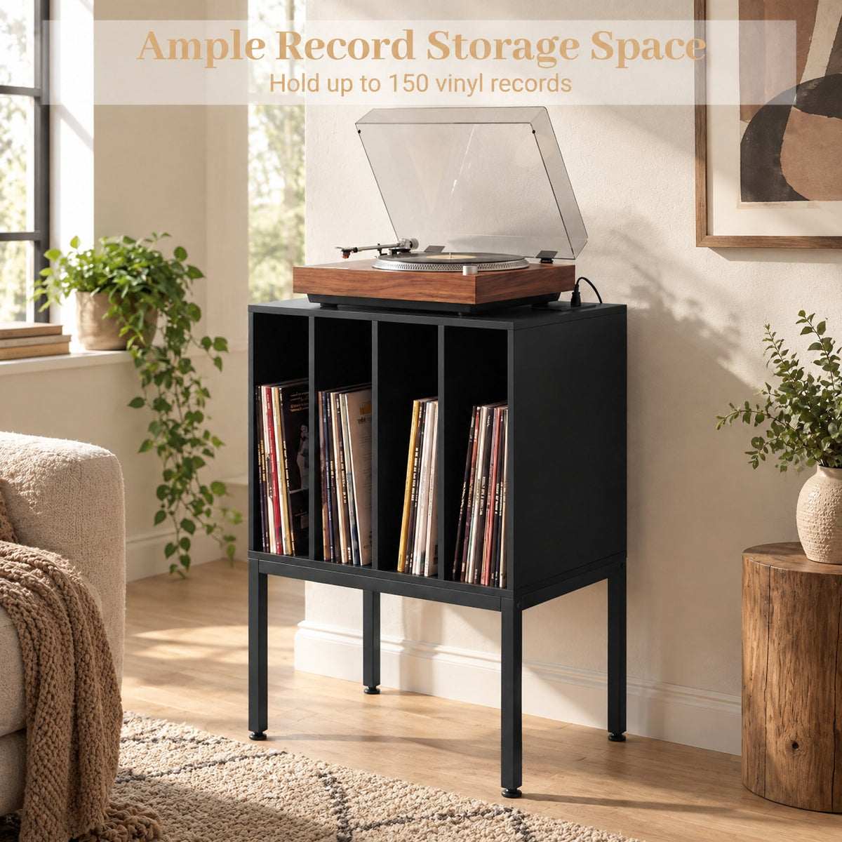 Airfind Turntable Record Player Stand with Power Outlets, 88 lbs Capacity, Engineered Wood Metal MDF Frame, 20 x 16 x 32 Footprint, Black