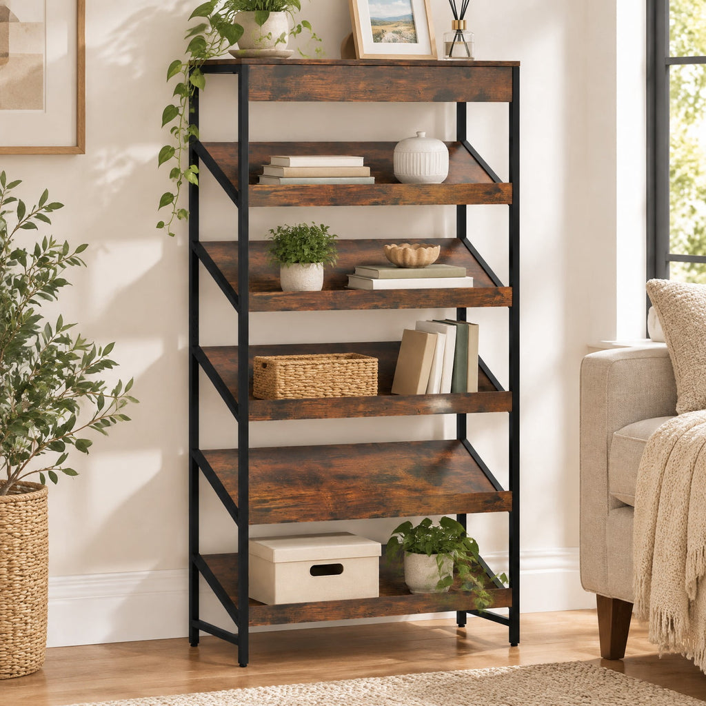 Airfind 6-Tier Tall Freestanding Bookshelf with Angled Shelves for Home Office, 230 lbs Capacity, Engineered Wood Frame, Brown