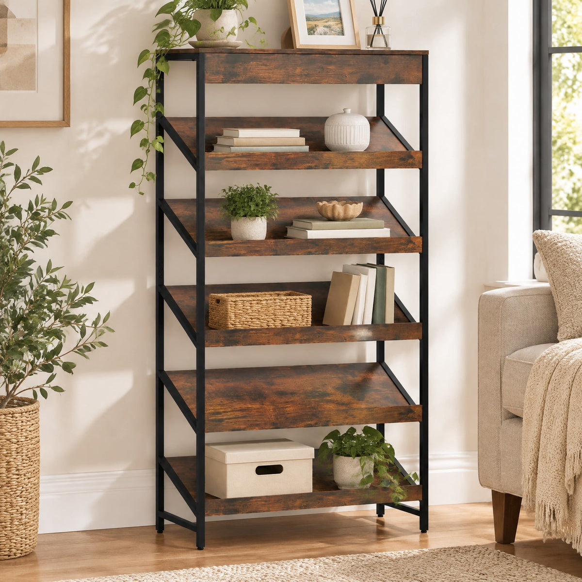 Airfind 6-Tier Tall Freestanding Bookshelf with Angled Shelves for Home Office, 230 lbs Capacity, Engineered Wood Frame, Brown