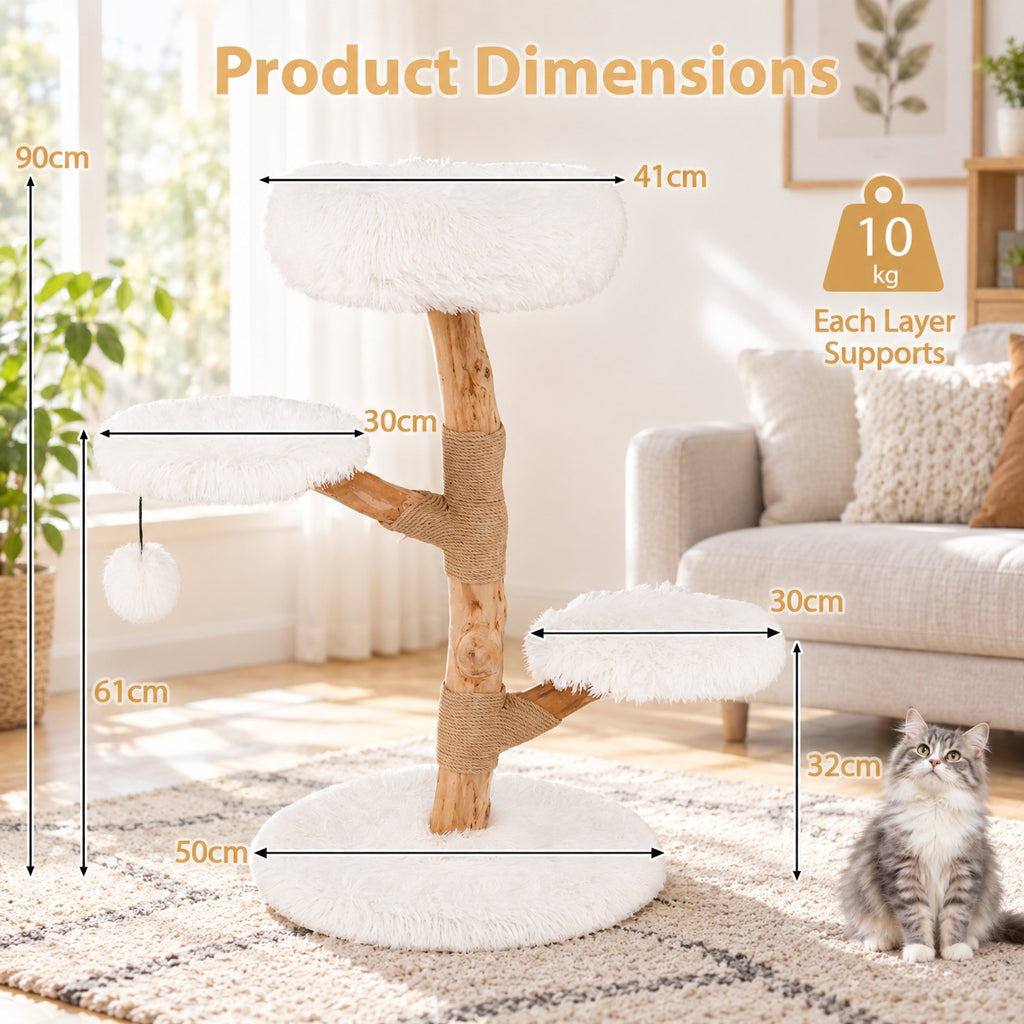 Airfind Cat Tree Solid Pear Wood with Perch and Natural Jute Scratching Posts, 22 lbs Capacity, Pear Wood Jute Long Plush Fabric Frame, White