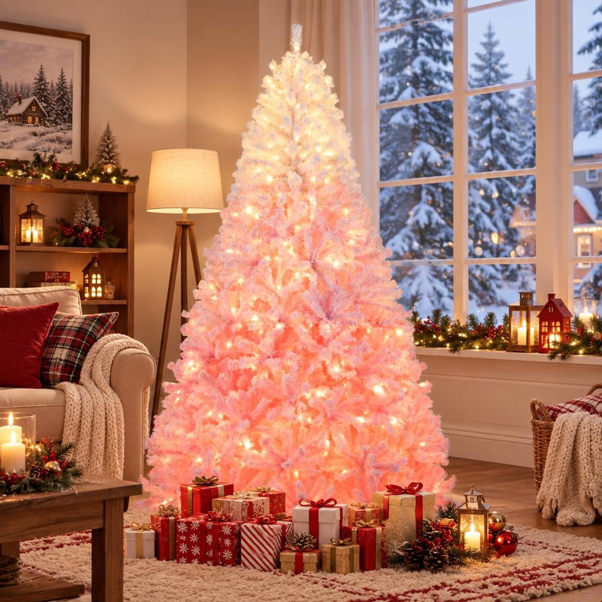 Airfind 8 FT Artificial Christmas Tree with Warm White LED Lights and 8 Modes for Holiday-8 Feet, PVC Metal Frame, Pink