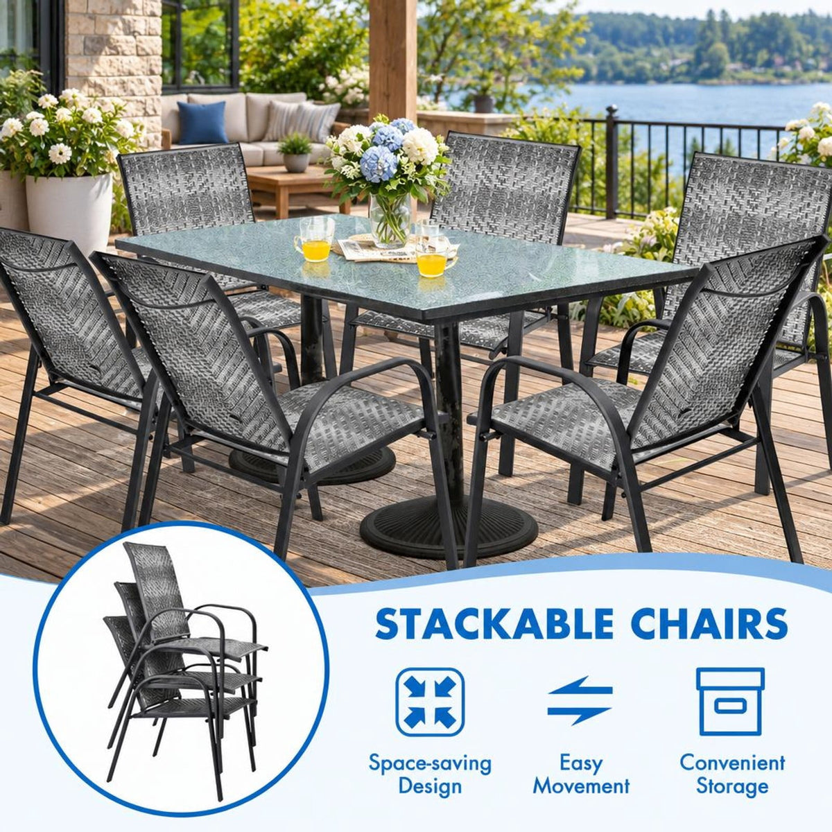 Airfind Set of 6 Outdoor PE Wicker Stackable Chairs with Sturdy Steel Frame, PE rattan steel Frame, Gray