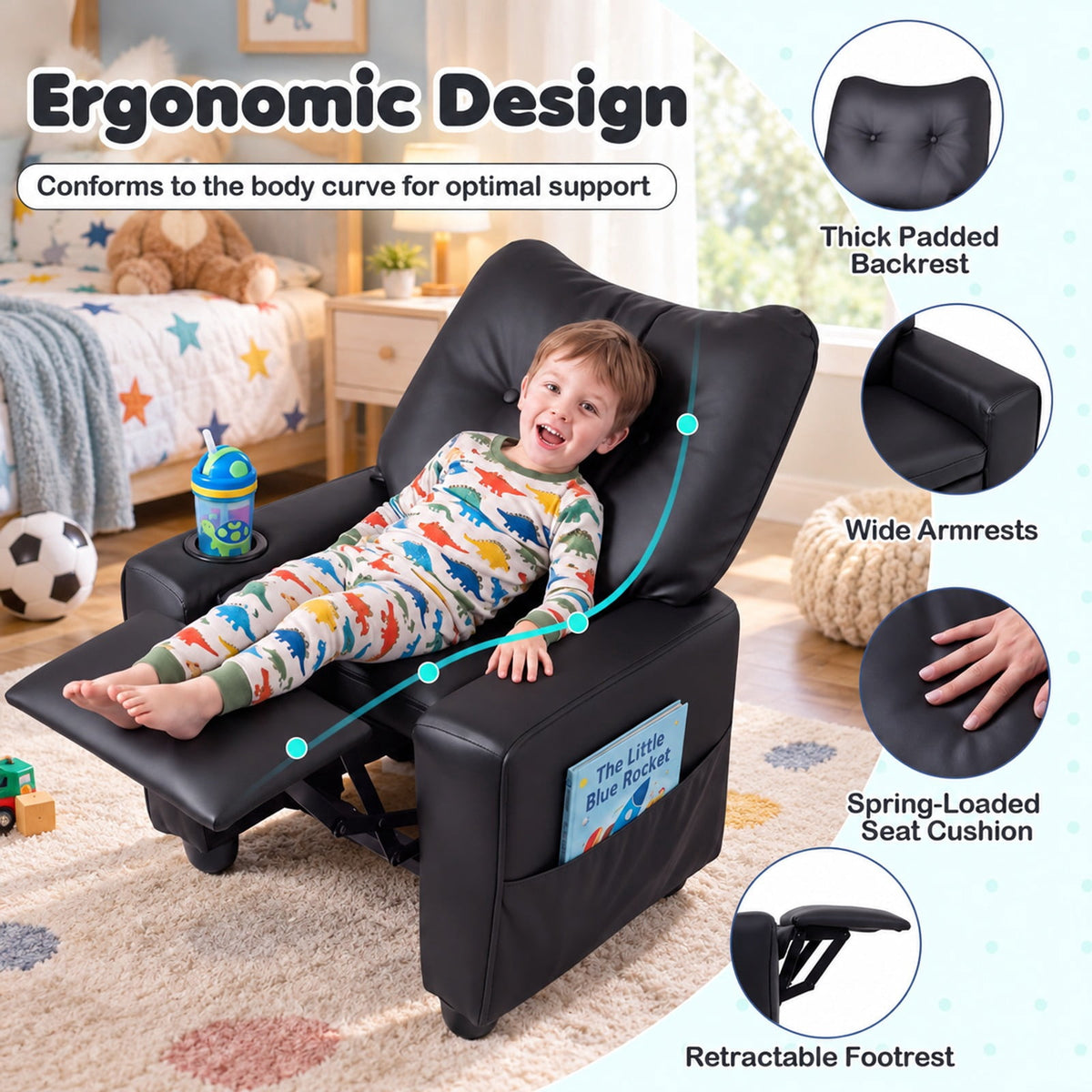 Airfind Youth Recliner featuring Cup Holder Armrests and Adjustable Backrest for Playroom, Wood Frame, 24 Inch x 21 Inch x 30 Inch Lying Footprint, Black