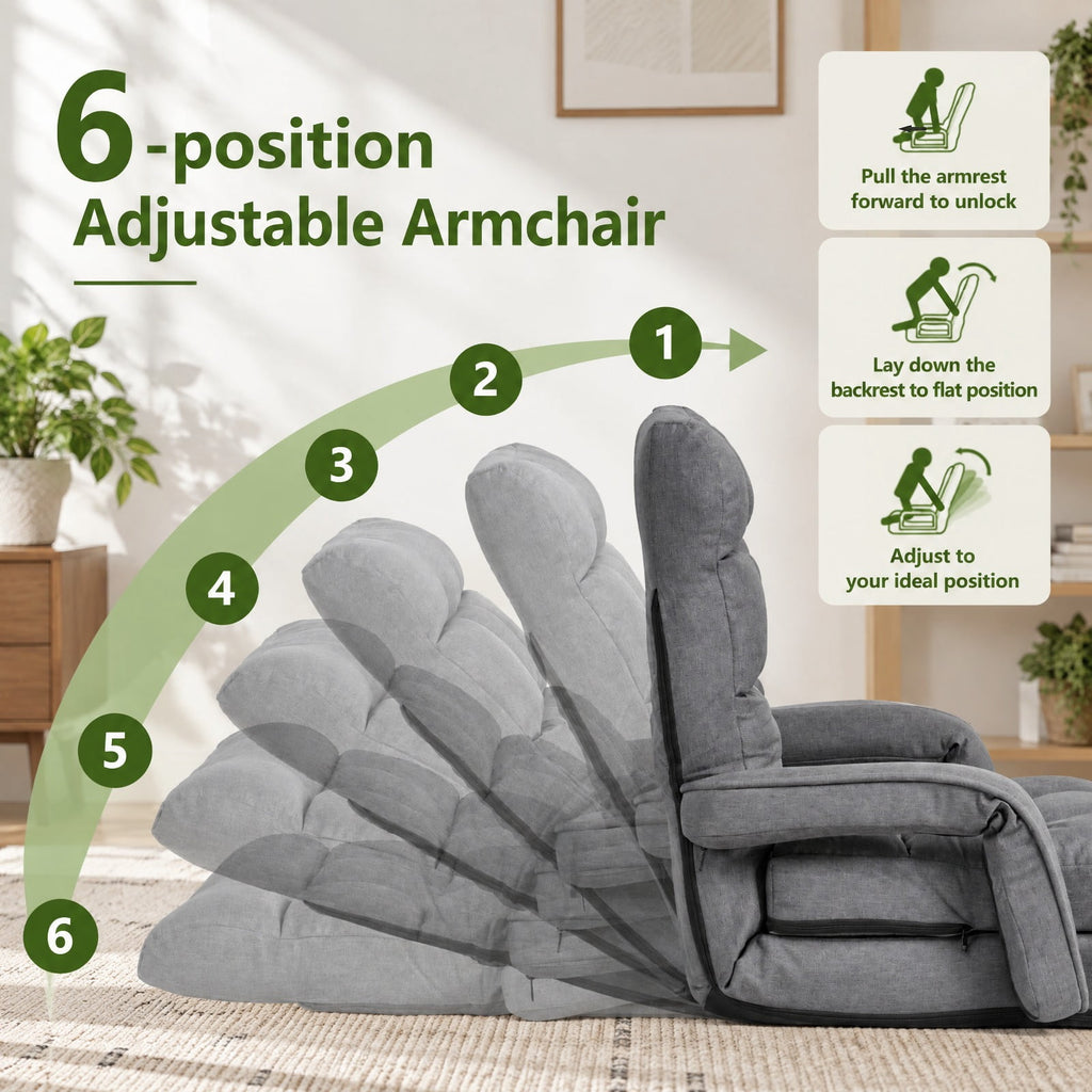 Airfind Folding Lazy Floor Chair Sofa with Armrests and Pillow, Linen-like cloth steel sponge Frame, 22in x 26in x 29in Footprint, Gray