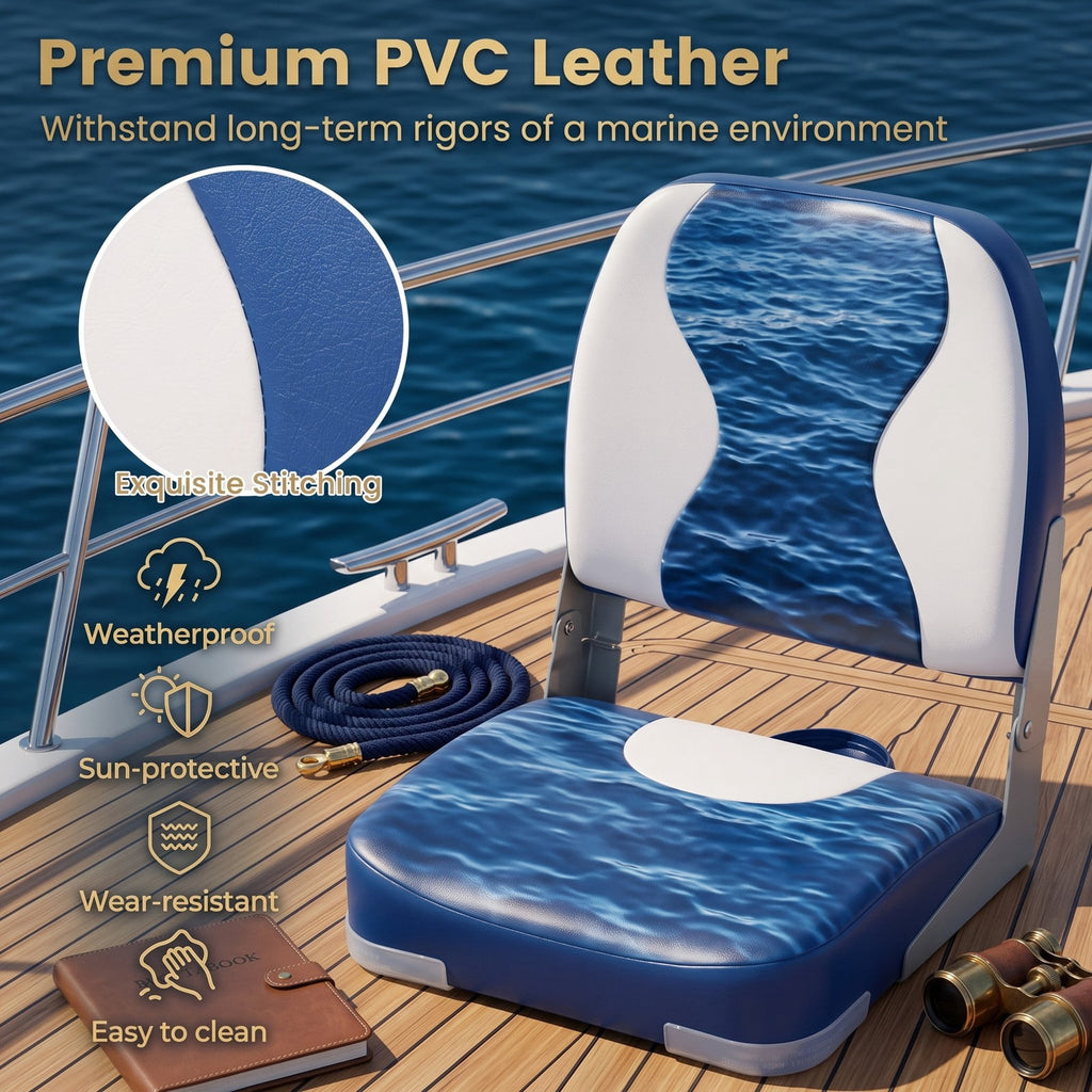 Airfind Folding Low Back Boat Seats 2 Pack with Thick Sponge Padding and Aluminum Hinges for Fishing and Cabin Boats, Blue and White
