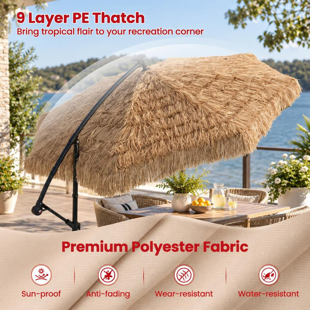 Airfind 10 FT Solar Thatched Cantilever Umbrella with 96 Multi-color Flowing Lights and 12 Modes, PE Thatch Polyester Fabric Metal ABS Frame, Brown