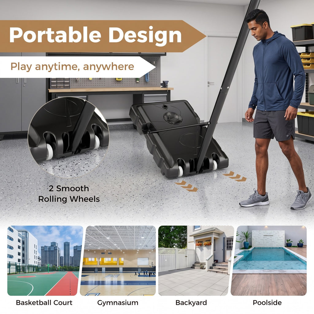 Airfind Portable Basketball Hoop System, 4.9-10 FT Height Adjustable Basketball Goal with Shatterproof Backboard, Fillable Base Weight Bag, 2 Wheels for Kids, Black