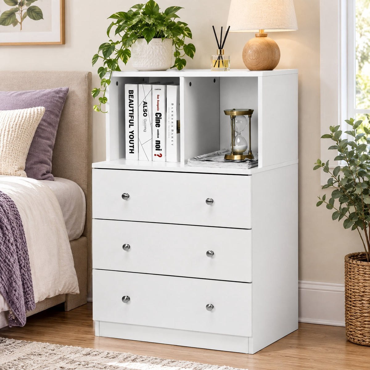 Airfind 3 Drawer Dresser with Cubbies Storage Chest for Bedroom Living Room, Engineered wood metal Frame, 24in x 16in x 37in Footprint, White