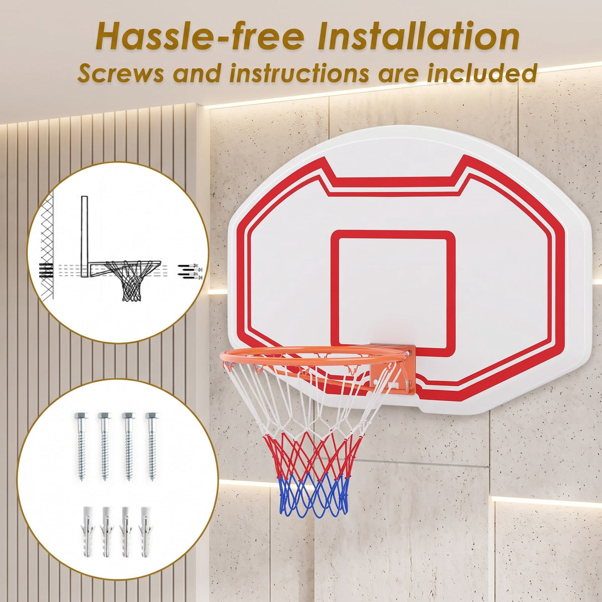Airfind Large Wall Mounted Basketball Hoop with Shatter-proof PE Backboard, Metal Rim Anti-Tear Net for Kids and Adults Indoor Outdoor Play, White and Red