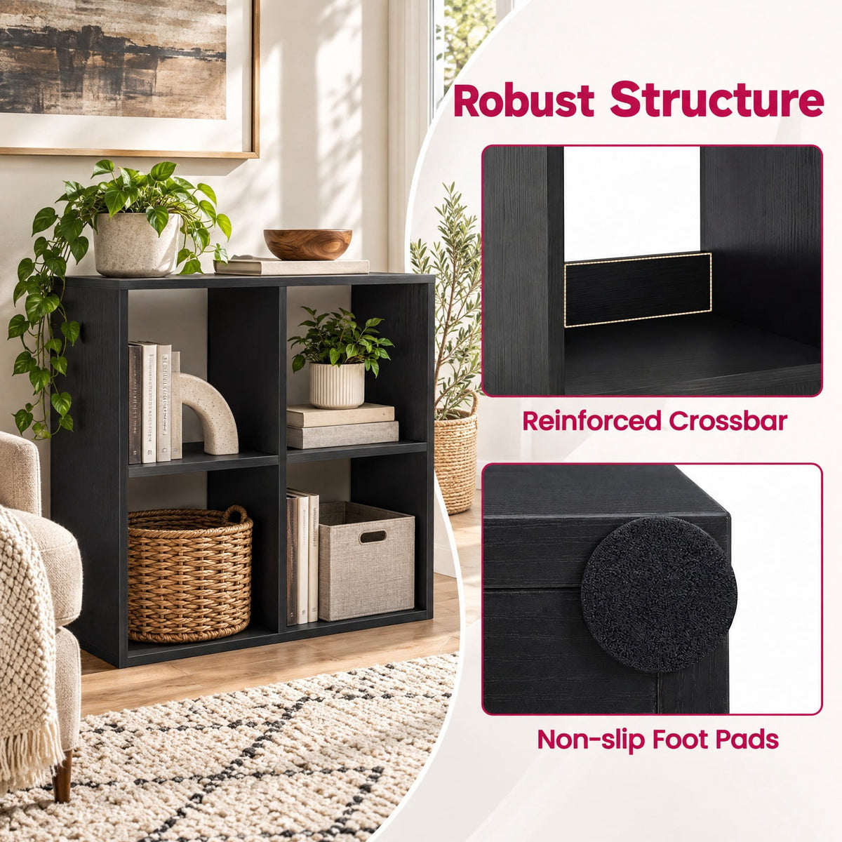 Airfind 4 Cube Bookshelf with Back Guardrail for Living Room Bedroom, 100 lbs Capacity, Engineered Wood Frame, 27.5 x 13 x 27.5 Footprint, Black