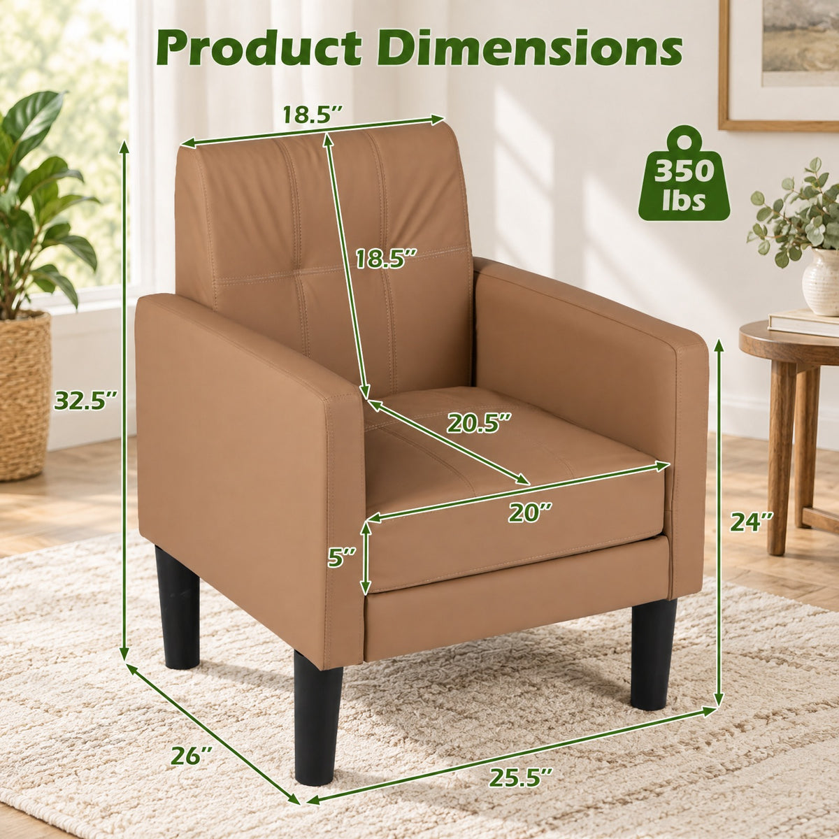 Airfind PU Leather Modern Accent Chair with Removable Seat Cushion, 350 lbs Capacity, PU Leather Sponge Plywood Plastic Frame, Brown