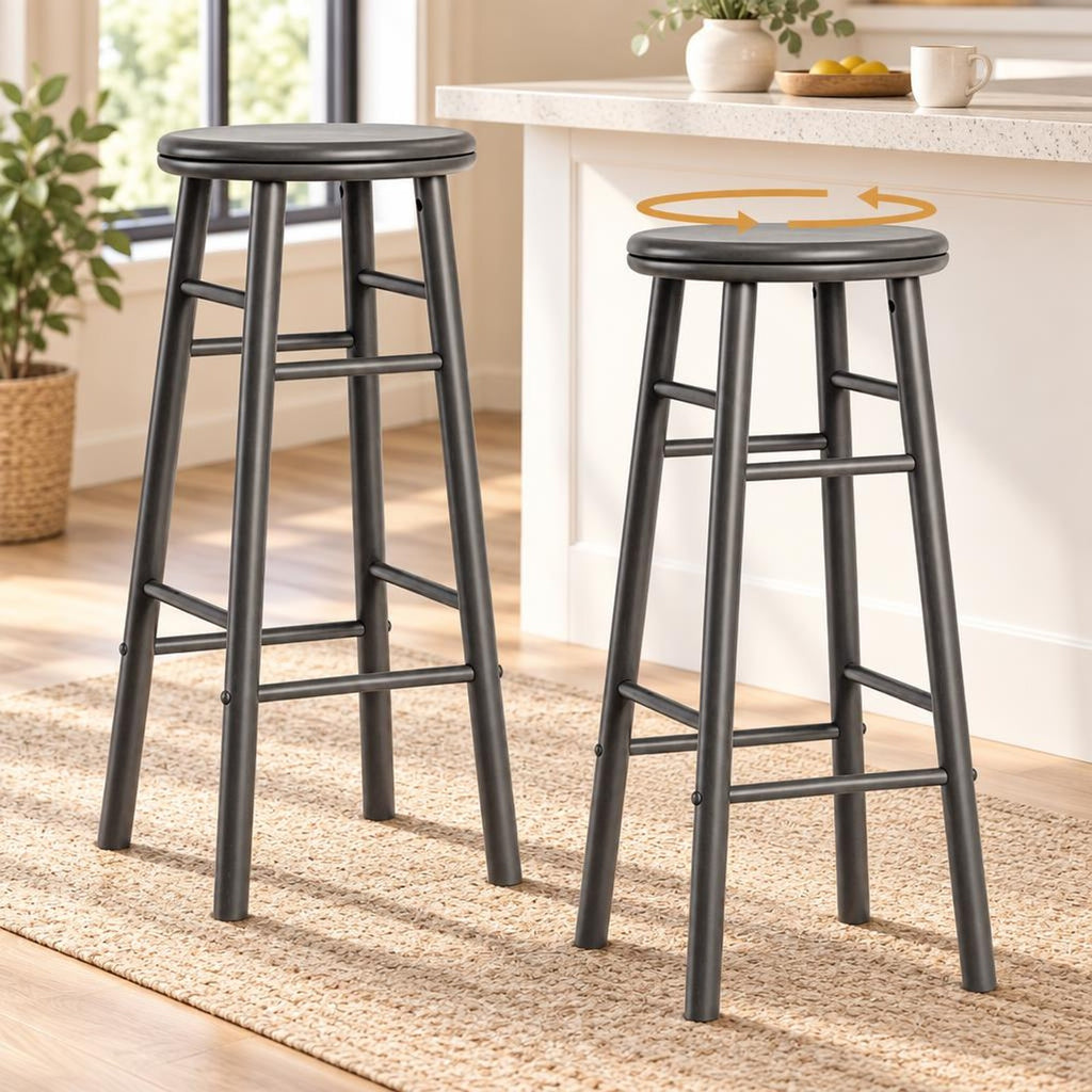 Airfind 29in Swivel Bar Stools Set of 2 with Footrests and Crossbars, 330 lbs Capacity, Rubber Wood Frame, 13in x 13in x 29in Footprint, Gray