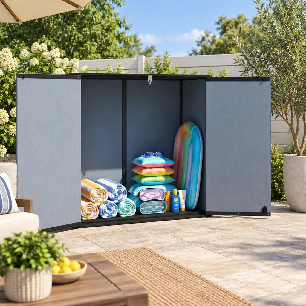 Airfind Outdoor 23.5 Cu.ft All-Weather Storage Box with Floor Lockable Door, 330 lbs Capacity, PP HDPE Metal Frame, 47 Inch x 25.5 Inch x 46 Inch Footprint