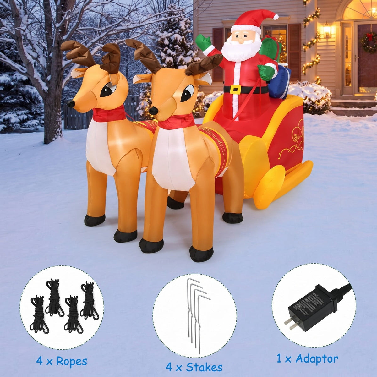 Airfind 7.5 Feet Waterproof Outdoor Inflatable Santa with Double Deer and Sled, Polyester fabric Frame, Show in the picture