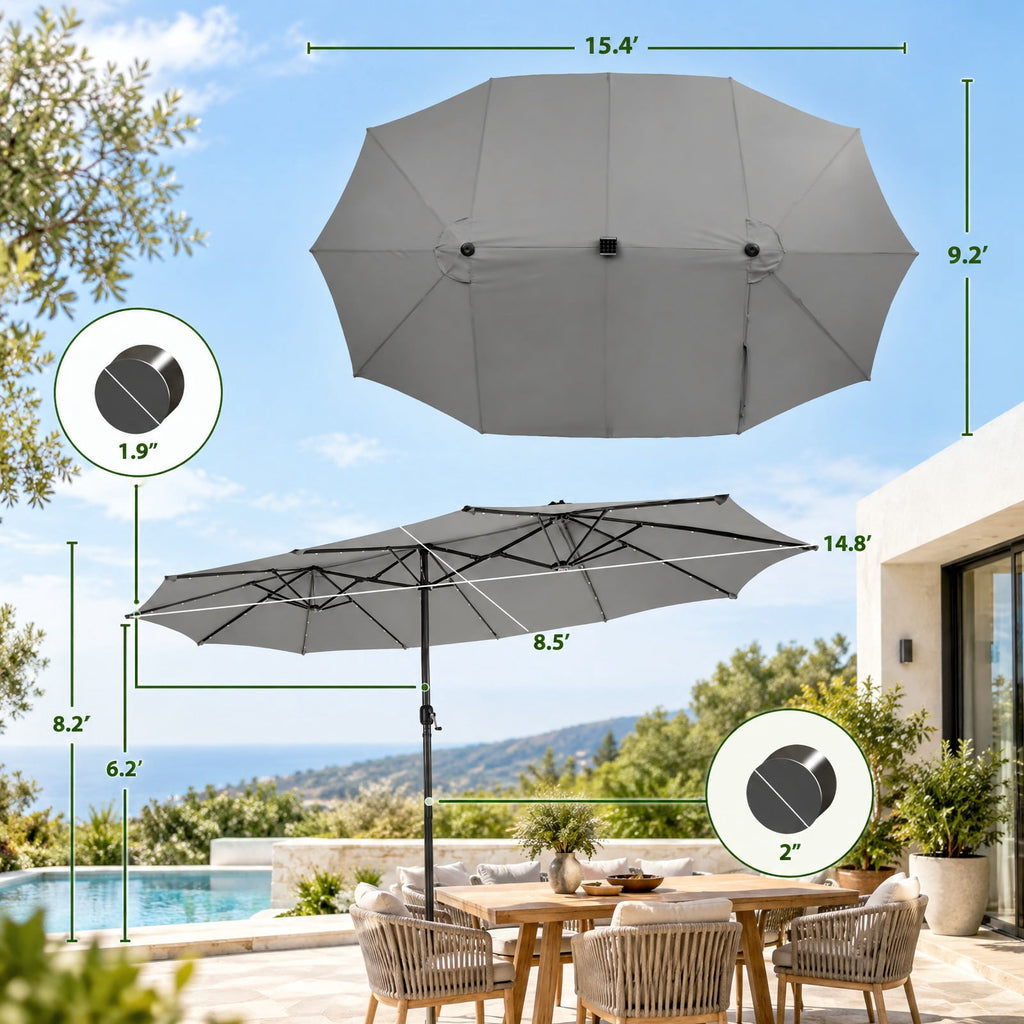 AIRFIND Patio Umbrella with 48 Solar LED Lights, 15 ft Double-Sided Canopy, Hand Crank and 12 Steel Ribs, Base Sold Separately, Gray
