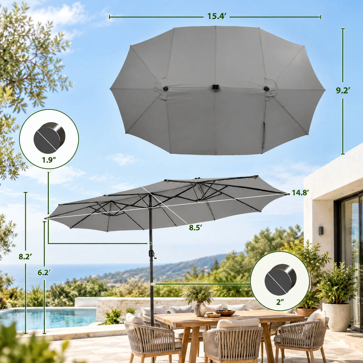AIRFIND Patio Umbrella with 48 Solar LED Lights, 15 ft Double-Sided Canopy, Hand Crank and 12 Steel Ribs, Base Sold Separately, Gray