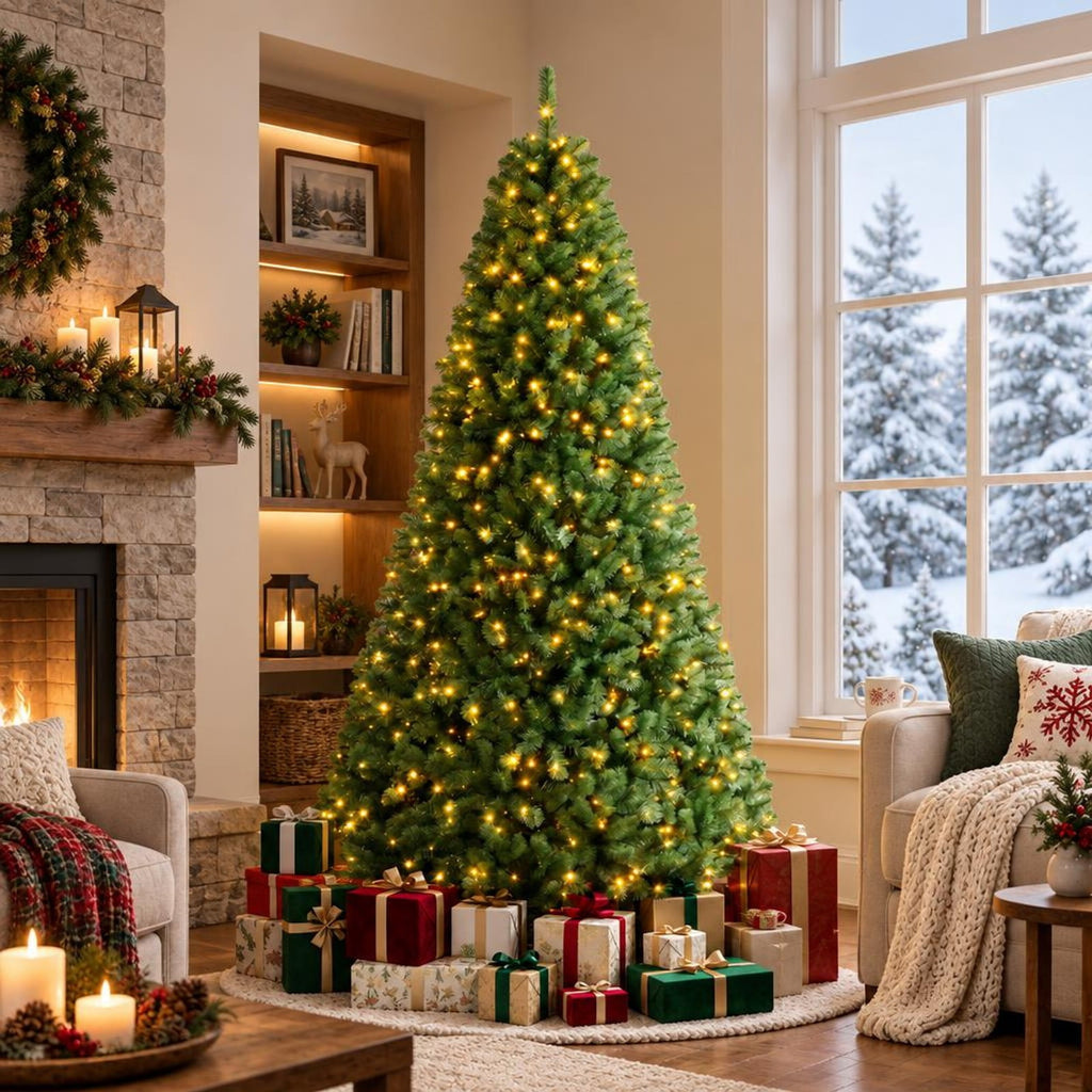 Airfind Pre-Lit Green Artificial Christmas Tree with Full Branch Tips-8 Feet, PVC Metal Frame, Green