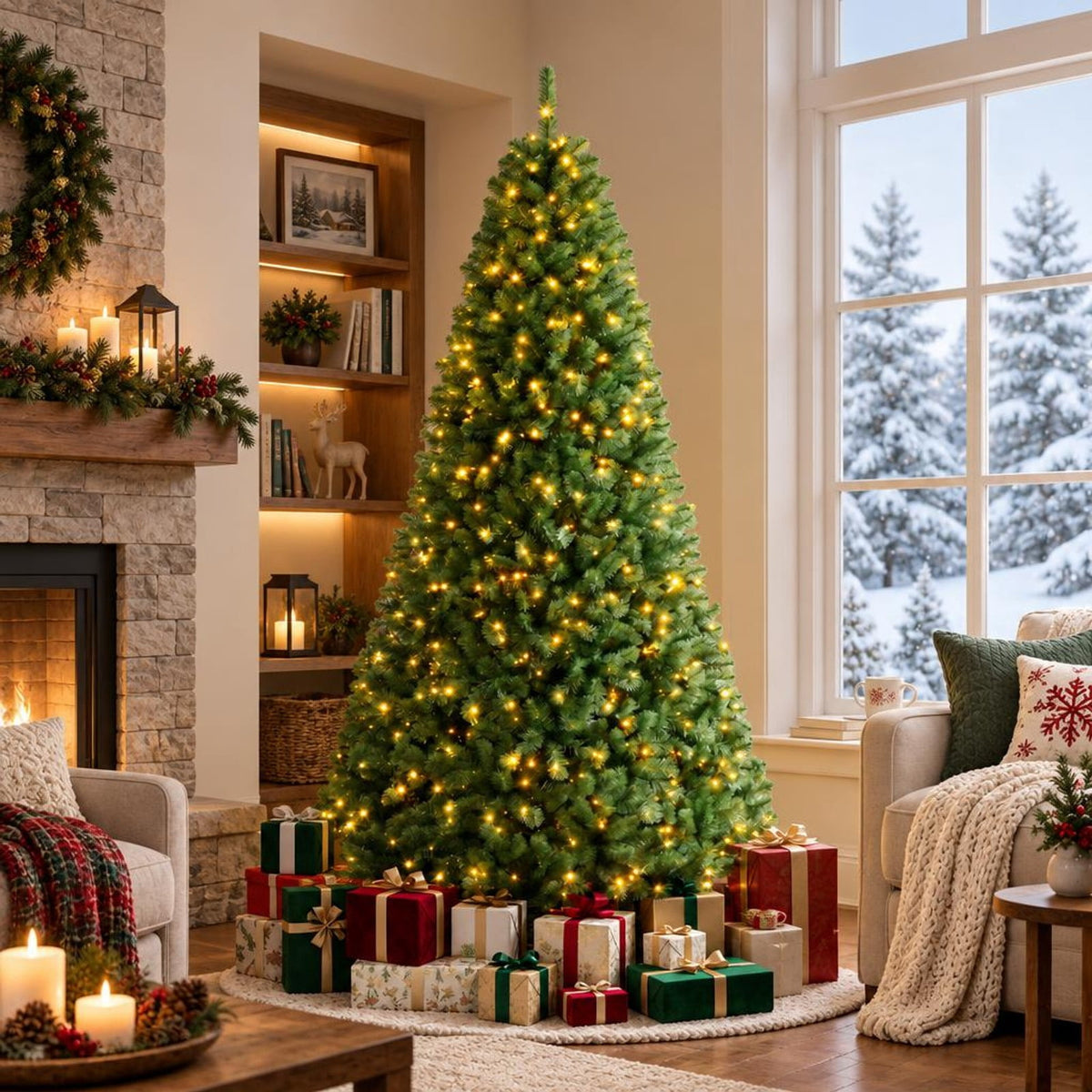 Airfind Pre-Lit Green Artificial Christmas Tree with Full Branch Tips-8 Feet, PVC Metal Frame, Green