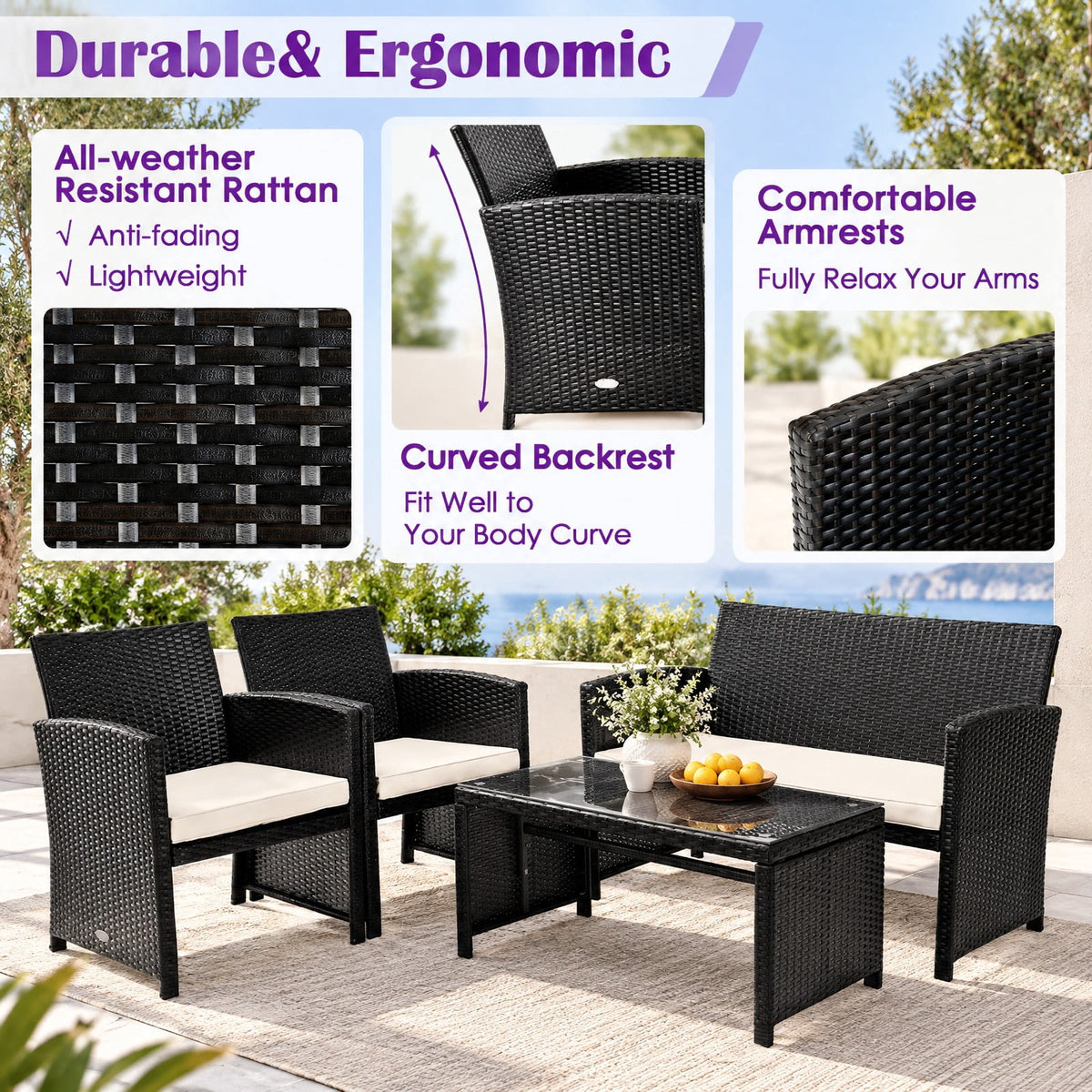 Airfind 4 Pieces Patio Rattan Cushioned Furniture Set with Coffee Table, Rattan Frame, 43.5 x 25 x 31 Footprint, White