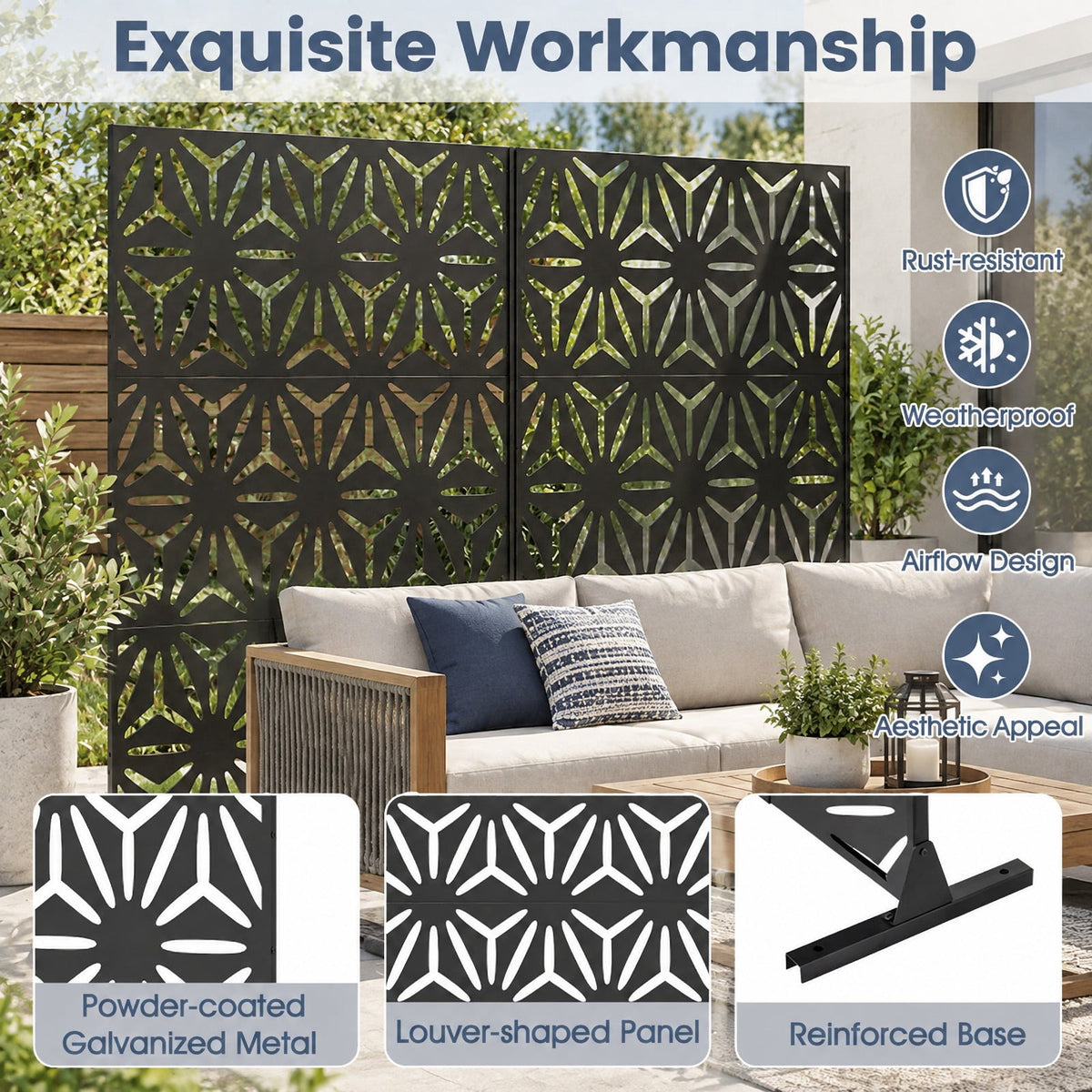 Airfind 72H x 48W Freestanding Fence Panel with Stand and Expansion Bolts, Metal Frame, 48 x 16 x 72 Footprint, Black