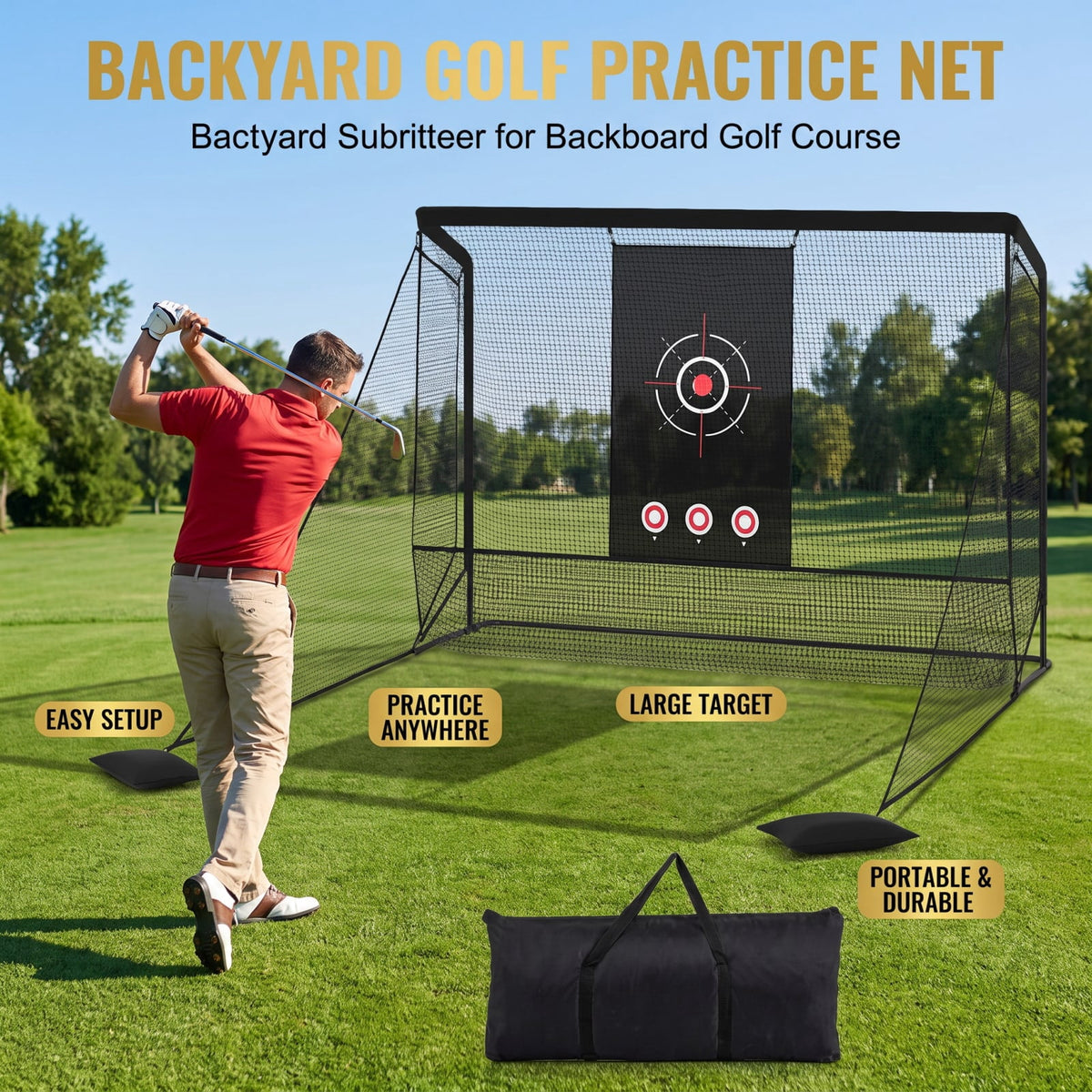 Airfind Golf Practice Hitting Net Cage with Dual Side Barriers Target Cloth and Metal Frame for Backyard Indoor Outdoor Driving Practice, Black