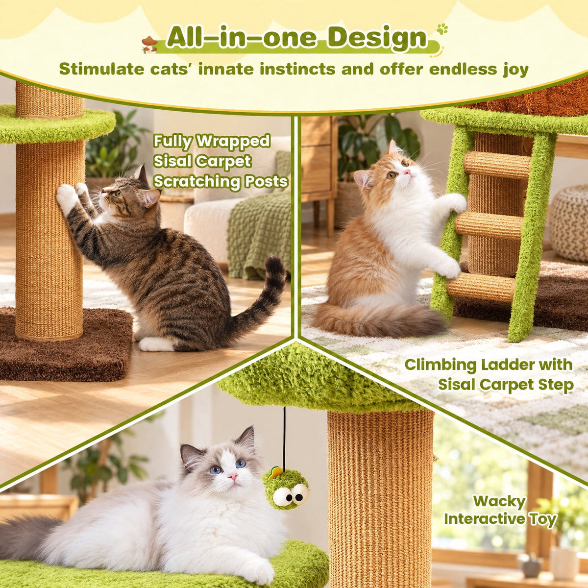 Airfind Cute Cat Tree for Indoor Cats with Mushroom-shaped Nest Condo and Climbing Ladder, 30 x 20 x 56 Cat Condo Footprint, Green