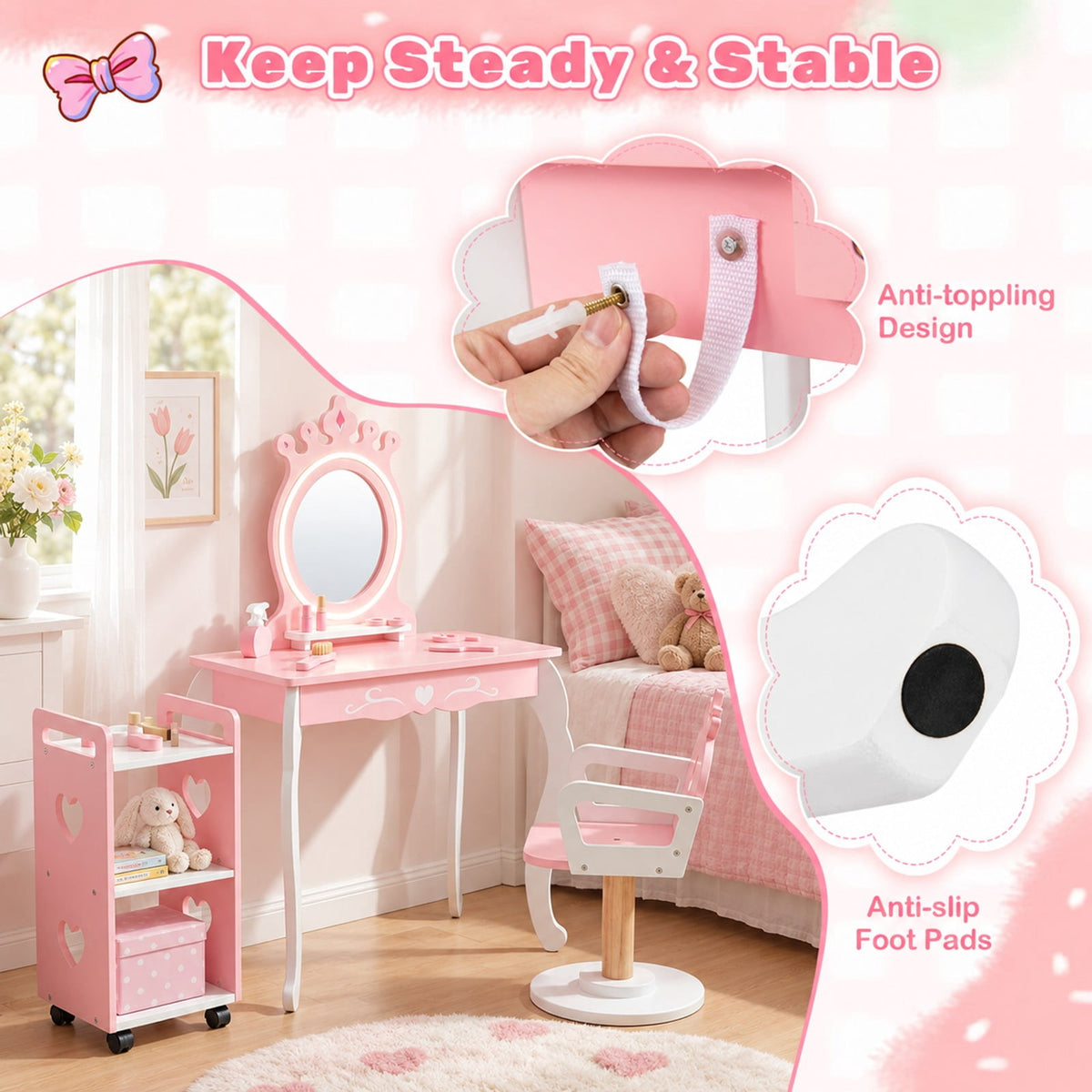 Airfind Kids Hair Salon Play Set with LED Lighted Mirror Wooden Pretend Hair Salon Station with Swivel Barber Chair, 66 lbs Capacity, Pink