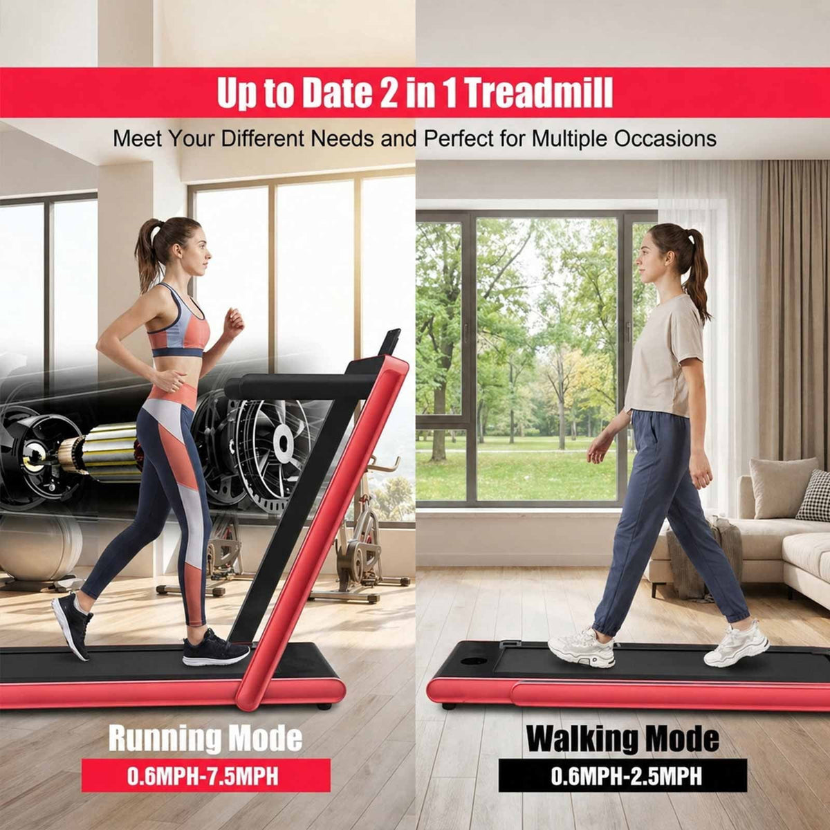 Airfind 2.25HP 2-in-1 Walk-to-Run Folding Treadmill with APP Sync Audio Console, Red