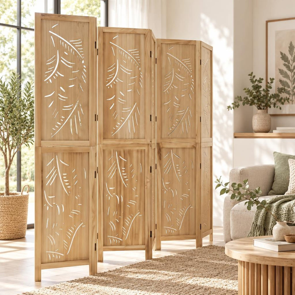 Airfind 6-Panel Wooden Room Divider with Palm Leaf Design and Paulownia Frame for Home, 67in x 16in x 5in Footprint, Natural