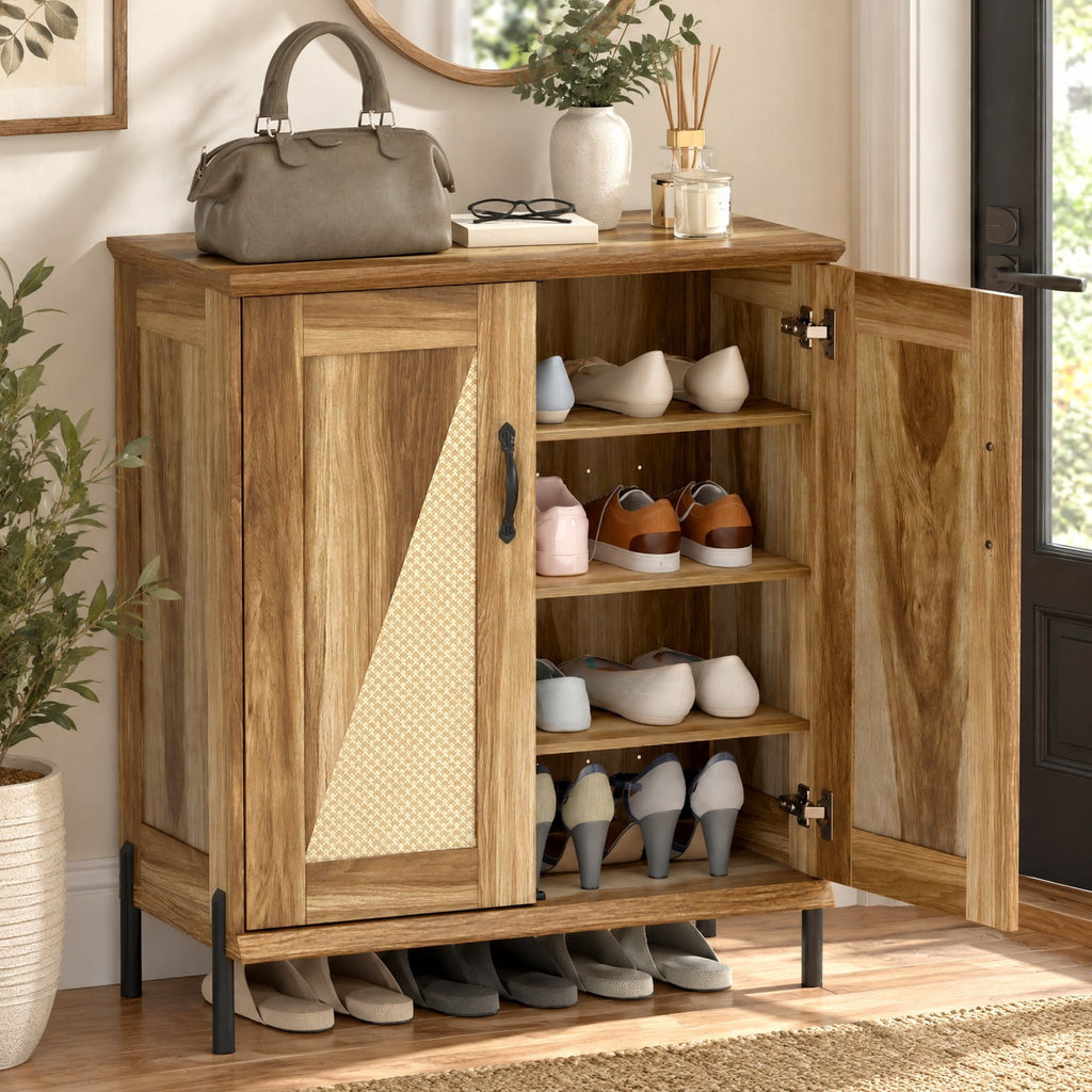 Airfind 5-Tier Wooden Farmhouse Shoe Cabinet with Woven Rattan Doors, 110 lbs Capacity, Engineered Wood MDF Metal PVC Frame, Natural